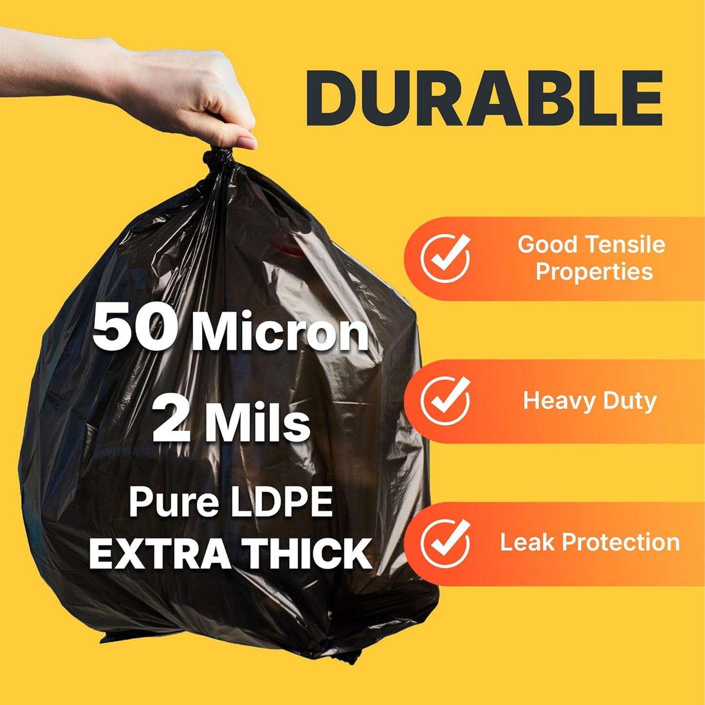 55-60 Gallon Trash Bags, 50 Micron Heavy Duty Pure LDPE Garbage Can Liners, 36" x 58" Large, Black, 50 Count