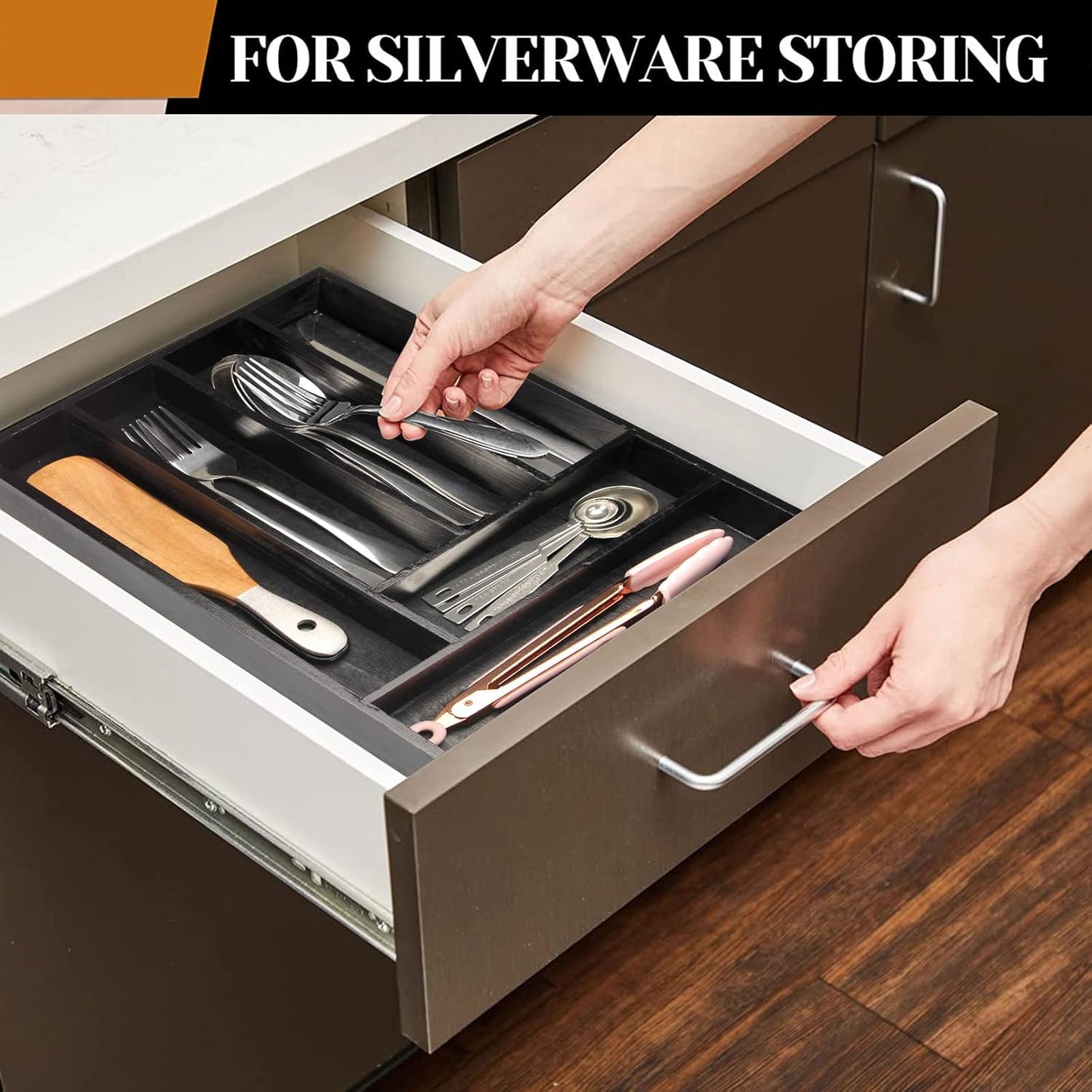 Kitchen Wood Utensil Tray Silverware Drawer Organizer Wooden Cutlery Trays Flatware Organizers Divider 14.6"x9.5" Silverware Tray Spoon Fork Organizer Black Bamboo Cutlery Utensil Holder for Drawer