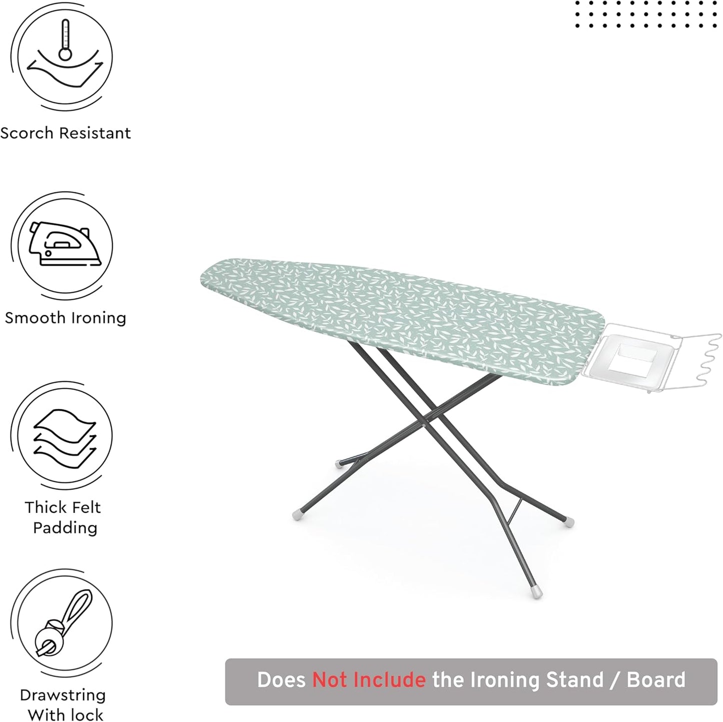 Encasa XO Ironing Board Cover and Pad 54"x15" - Thick 3mm Felt Padding, Drawstring Tightening & Lock, Easy Fit, Scorch & Stain Resistant, Fits Standard Large Ironing Board - Green Leaflet