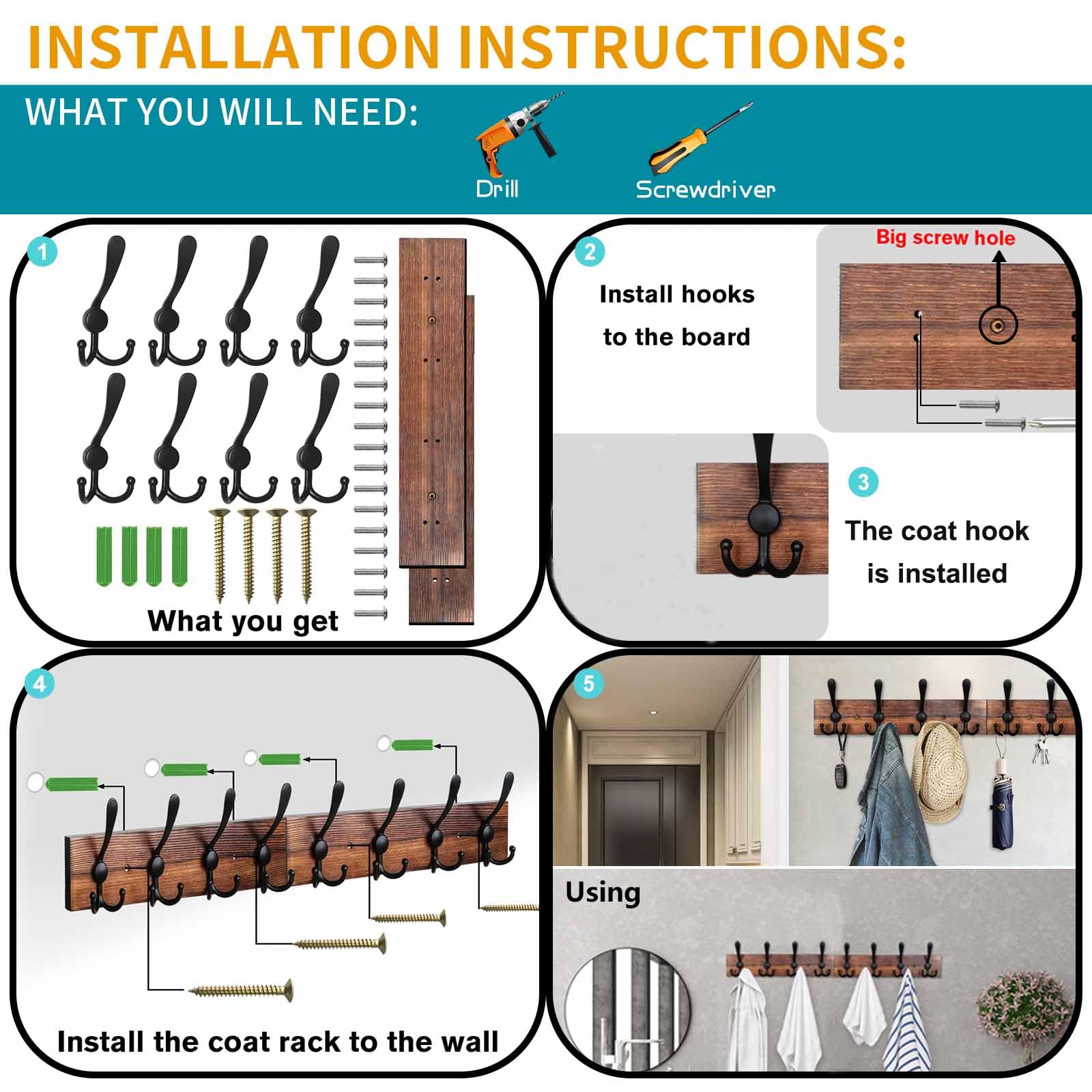 Homagic Coat Rack Wall Mount 31.5'' Coat Hanger Wall Mount Burnt Brown Coat Hooks for Wall Rustic