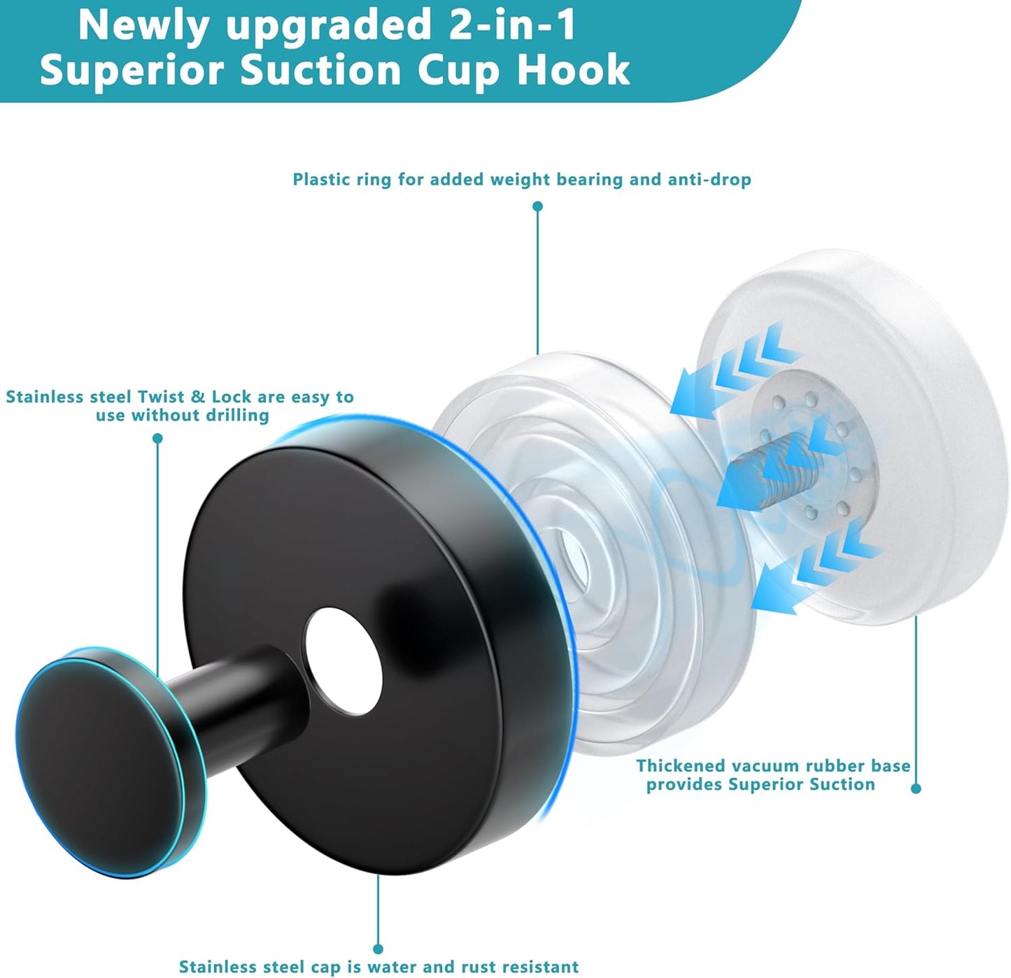 Suction Cup Hooks for Shower,Removable No Drill Towel Hooks,Upgraded 15 lbs Strong Suction hooks for Bathroom Tile,Shower Wall,Glass Door,Kitchen-Loofah,Coat,Stainless Waterproof-Matte Black 2 Pcs