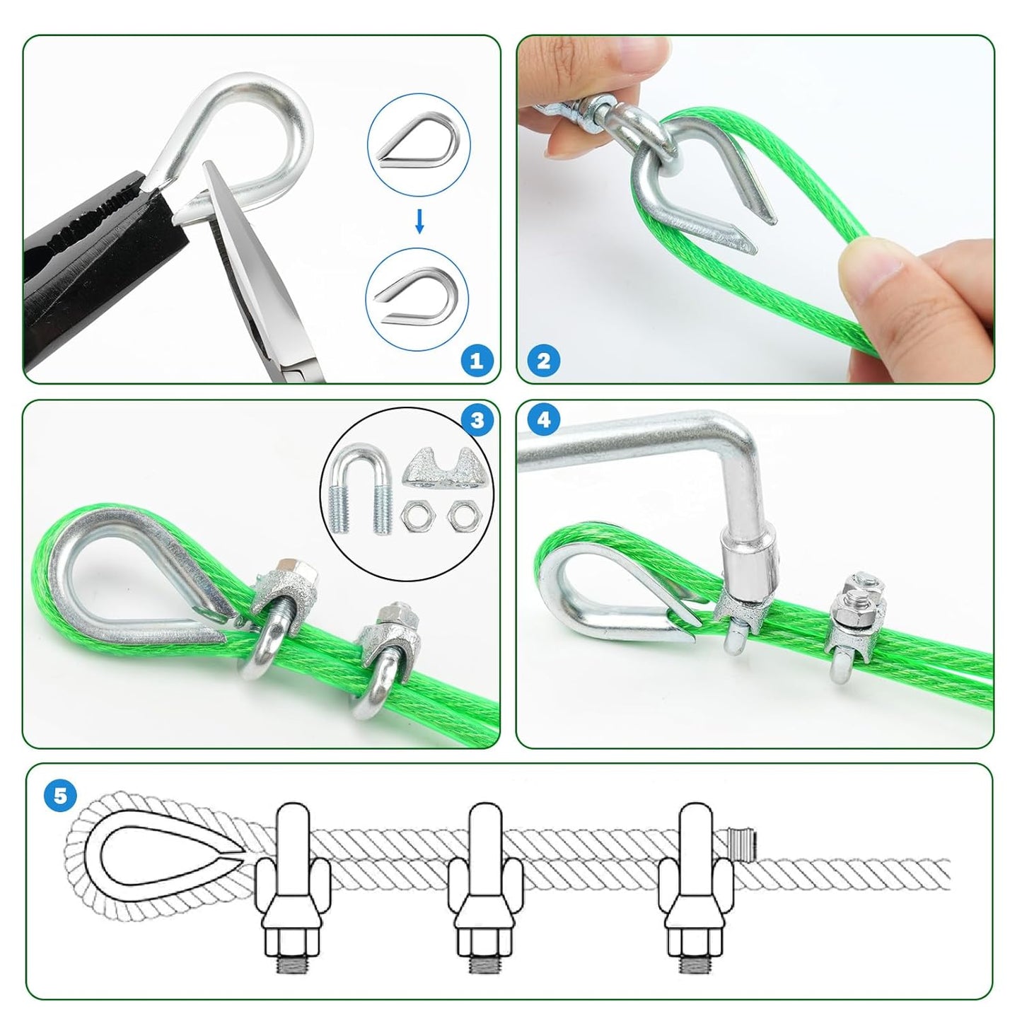 3/16" Wire Rope, 100 Ft PVC Coated Wire Cable Metal Steel Cable Trellis Kit, Multi-use Clothes Line Cable for T Post/Climbing Grapevines Plants Outdoor/String Light Hanging Kit