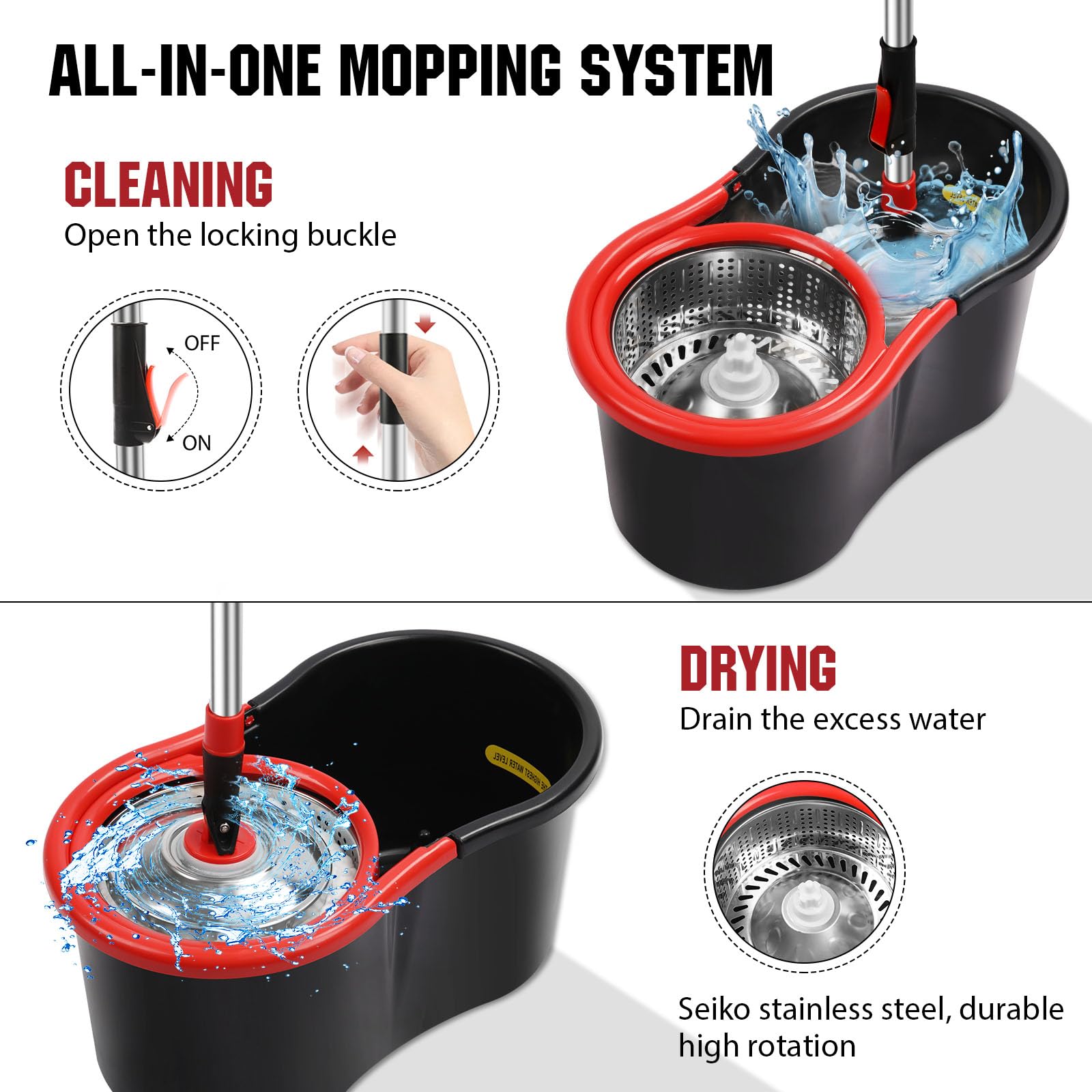 Spin Mop and Bucket with Wringer Set, 3 Microfiber Mop Heads, 51" Handle