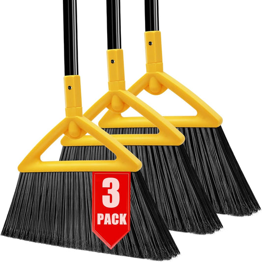 Heavy Duty Broom Outdoor and Indoor, 3 Pack Upgraded Commercial Angle Brooms, Perfect Yellow Broom