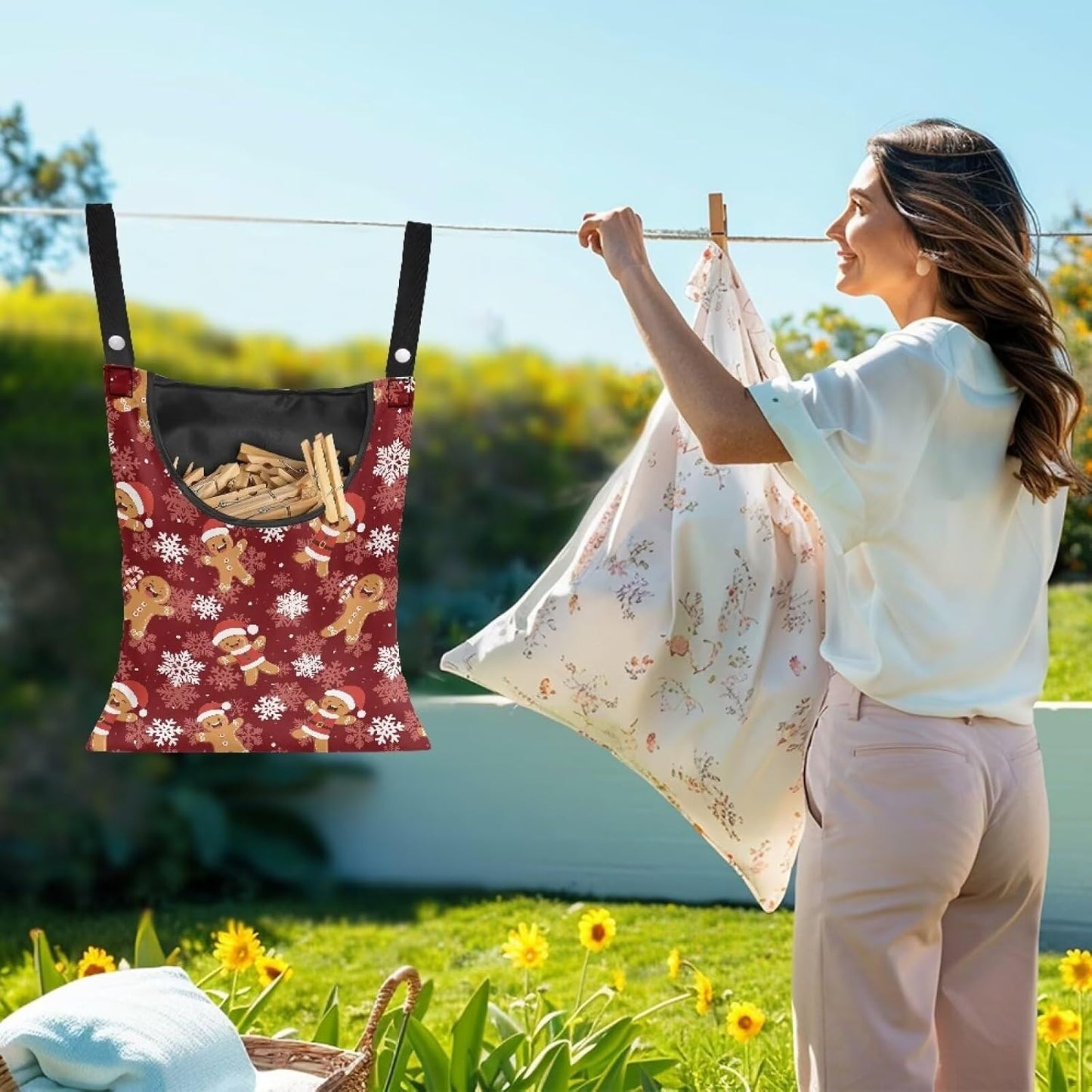 Christmas Gingerbread Man Waterproof Clothespin Organizer - Hanging Hook & Large Opening for Beach House, Laundry Room Decor