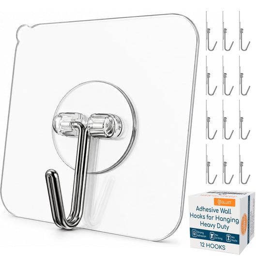 GLUIT Adhesive Wall Hooks for Hanging, Heavy Duty No Drill, 22 lbs, 12 Pack