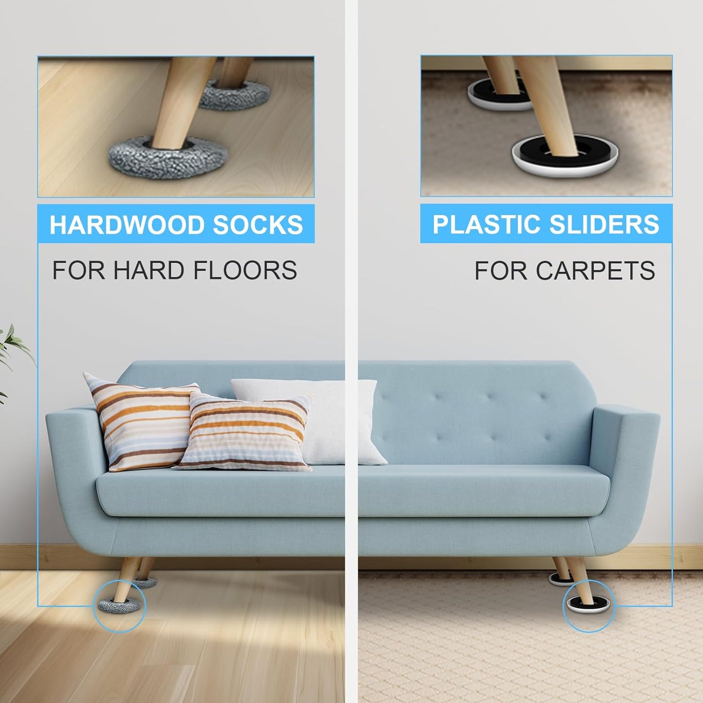New Upgrade Furniture Movers Sliders, 4+4 Pack 4.3" Multi-Surface Furniture Sliders with Groove Design, Round 4PCS Moving Pads and 4 Hardwood Socks, Protect Floor and Easily Move Furniture