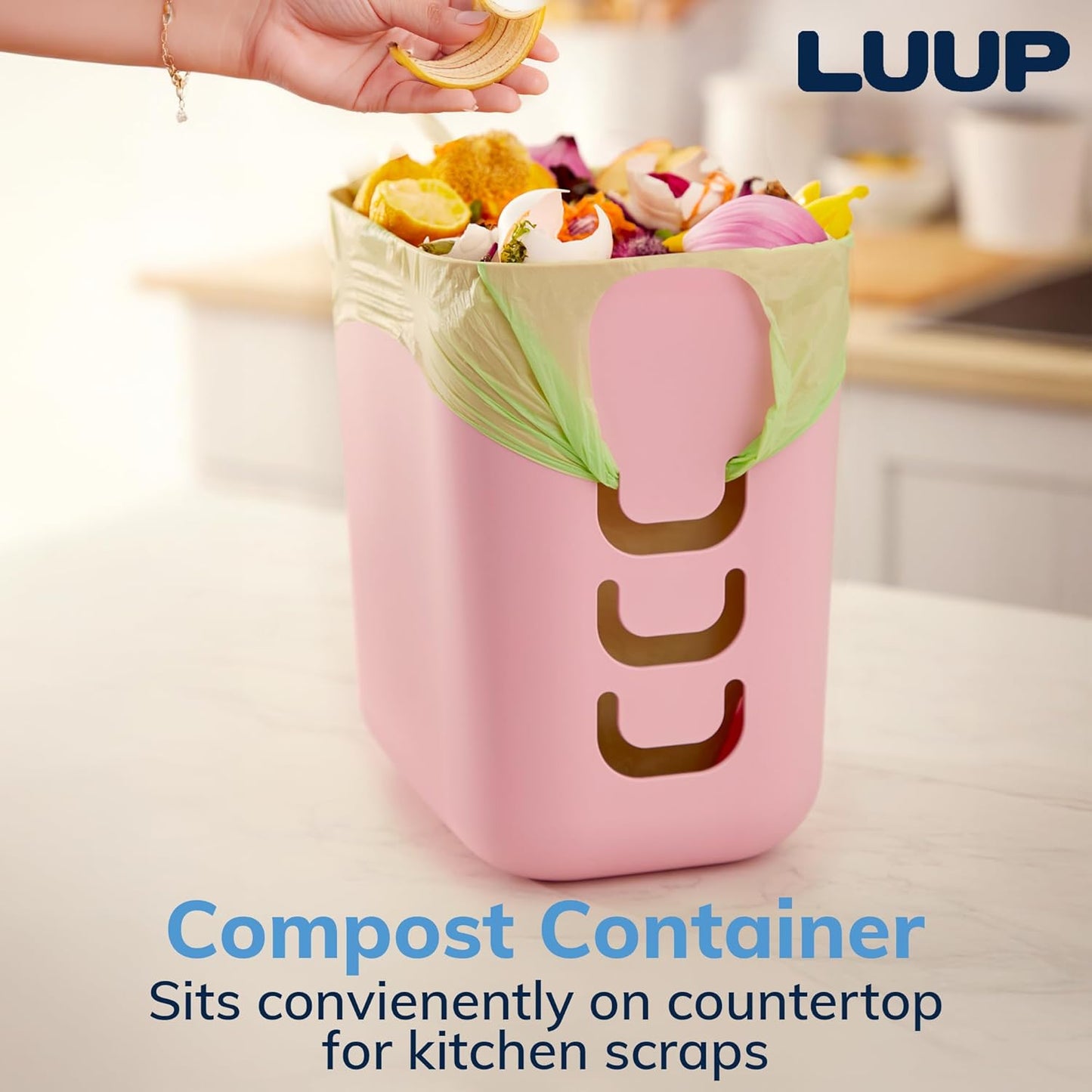 STORi Luup Bathroom Wastebasket, Secure Grocery Bags, Plastic Garbage Container for Vanity, Laundry Room, Kitchen, Office, 2.5 Gallon, Pink, Made in USA