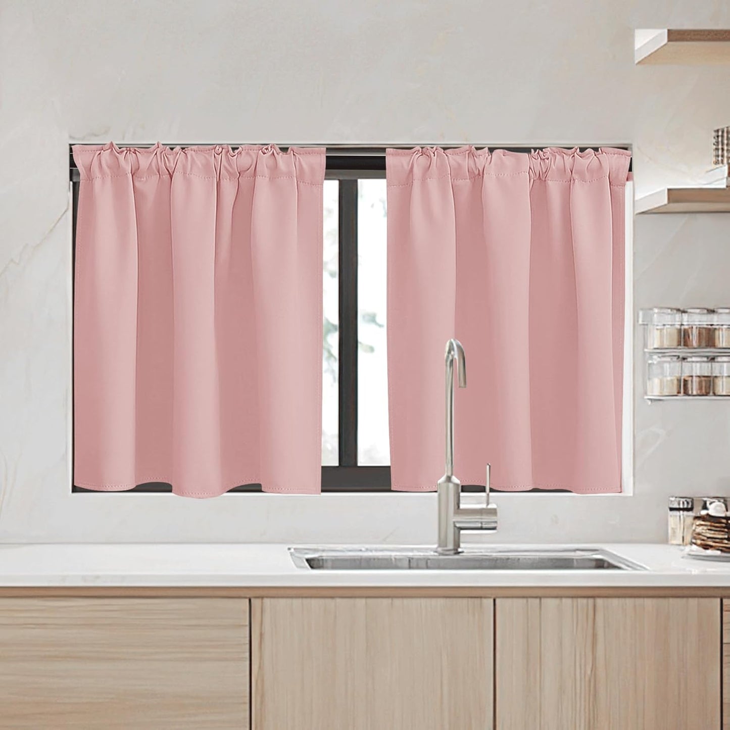 RYB HOME Pink Small Window Tiers - Blackout Insualting Privacy Curtains for Kids Bedroom Kitchen Bathroom Basement Cafe Cabinet Drapes, 34 Width x 24 Length, 2 Panels，Peach Blush