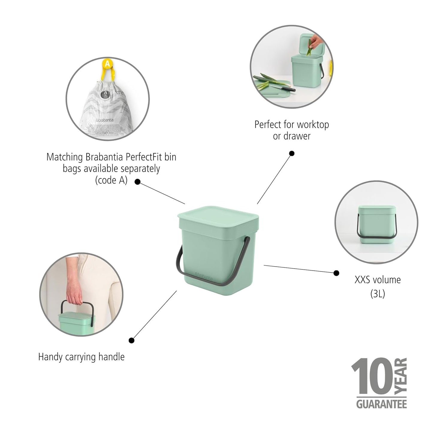 Brabantia Sort & Go Food Trash Can (0.8 Gal/Jade Green) Small Countertop Kitchen Compost Caddy with Handle & Removable Lid, Easy Clean