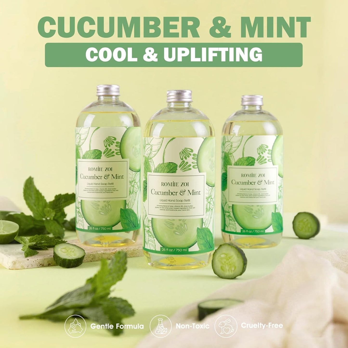 ROMIIE ZOI Liquid Hand Soap Refills Gift Set – Cucumber & Mint Scent – 3 Pack (26 Fl Oz Each) – Cruetly Free, Biodegradable, Moisturizing & Gentle Refill For Kitchen, Bathroom & Sensitive Skin