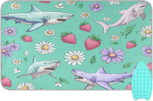 Mint Green Sharks Strawberry and Daisy Ironing Mat for Table top Portable Ironing Pad Blanket for Washer Dryer Countertop Travel