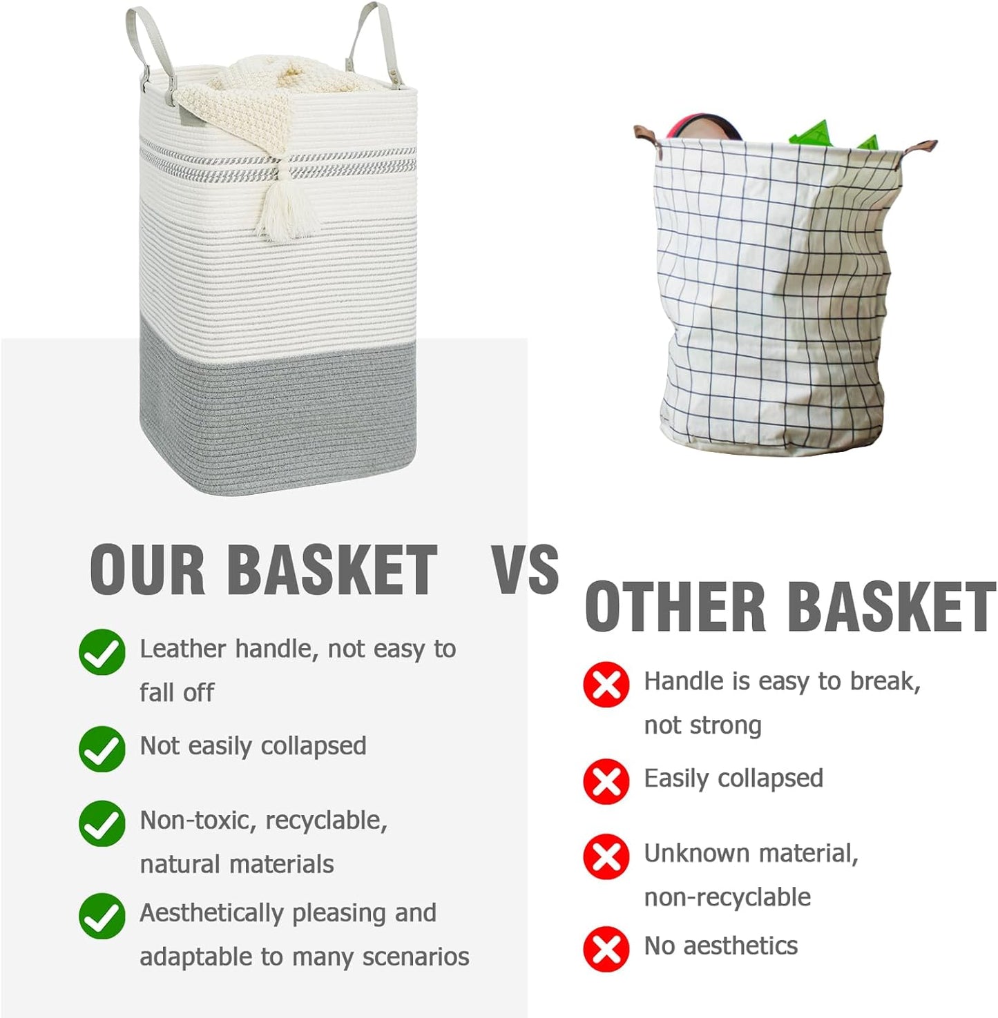 danpinera 100L Nursery Hamper, Tall Woven Laundry Basket with Long Leather Handles, Boho Laundry Hamper for Living Room & Bedroom, Eco-friendly & Convenient Decorative Storage Basket White & Gray