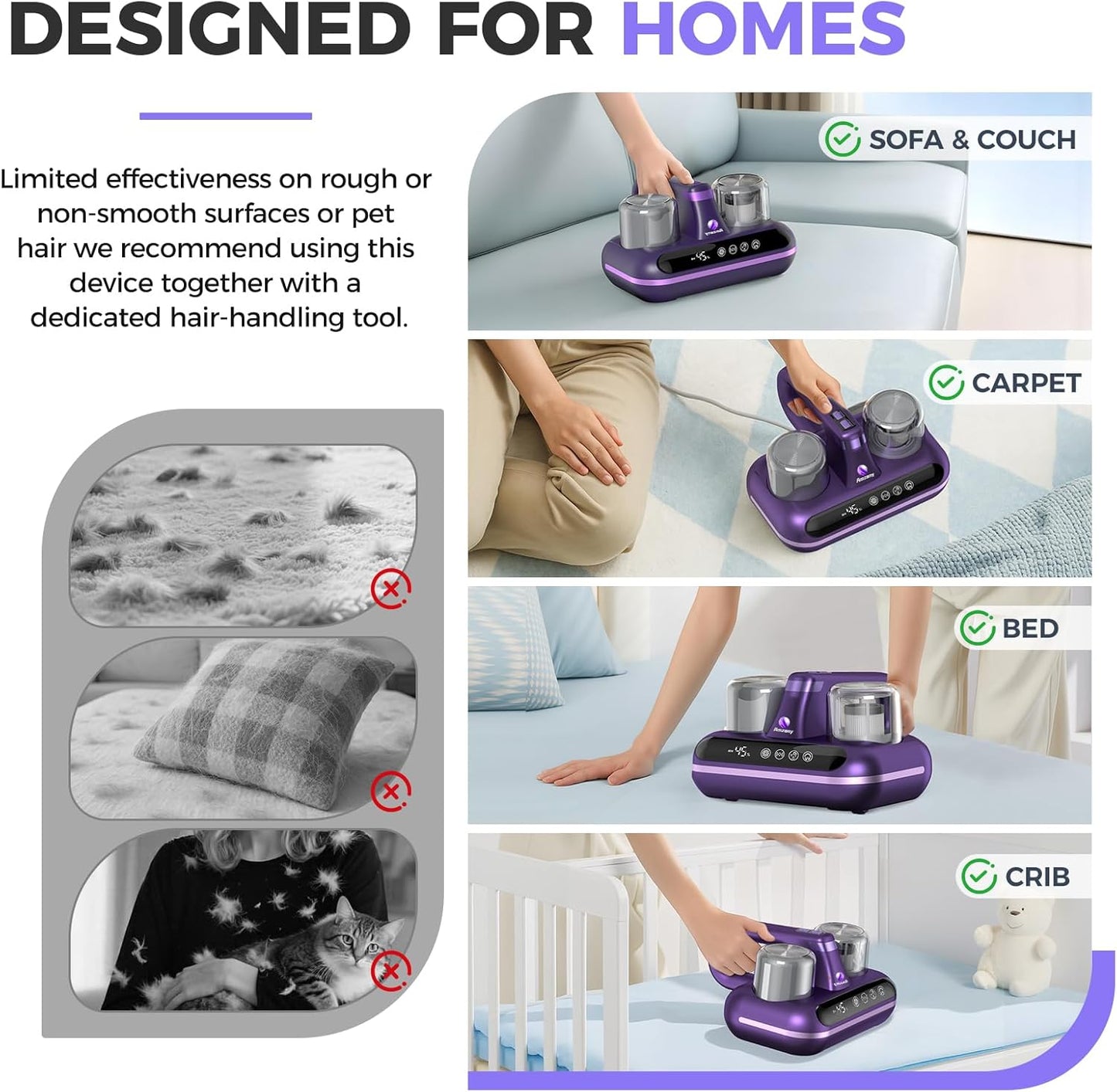 Mattress Vacuum Cleaner - 5-in-1 Cordless Bed Vacuum Cleaner, Powered by UV-C Light & Ultrasonic Technology, 16Kpa Strong Suction,Low Noise,Suitable for Dust, Pet Hair, Etc - Purple