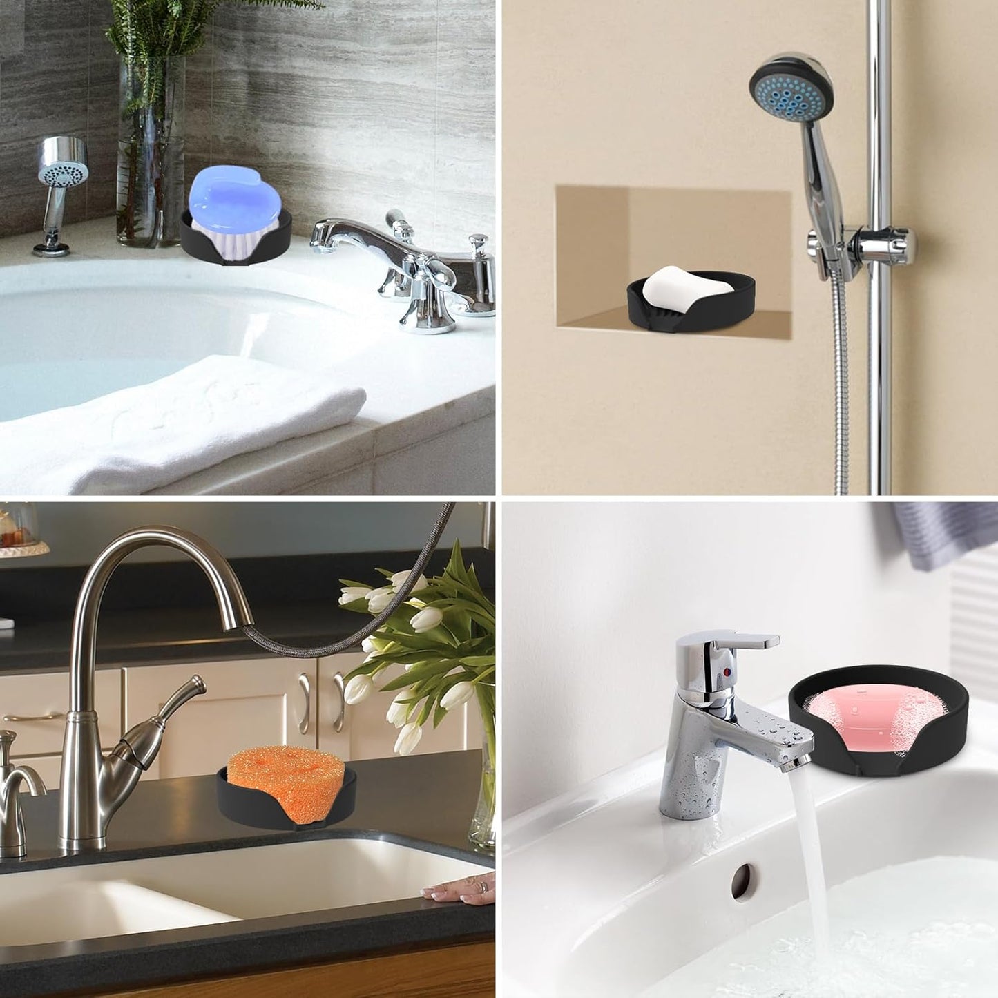 Self Draining Soap Dish, Silicone Suction Cup Soap Holder Tray Savers Container Sponge Holder for Bar Bathroom Shower Kitchen Sink, Can Extend Soap Life (2, Black)