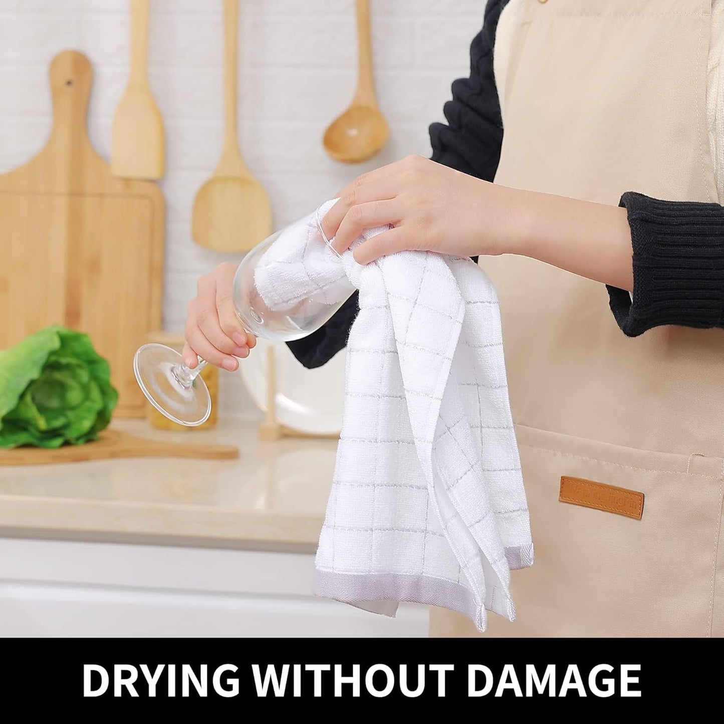 Homaxy 100% Cotton Terry Kitchen Towels(White and Light Grey, 13 x 28 Inches), Checkered Designed, Soft and Super Absorbent Dish Towels, 8 Pack