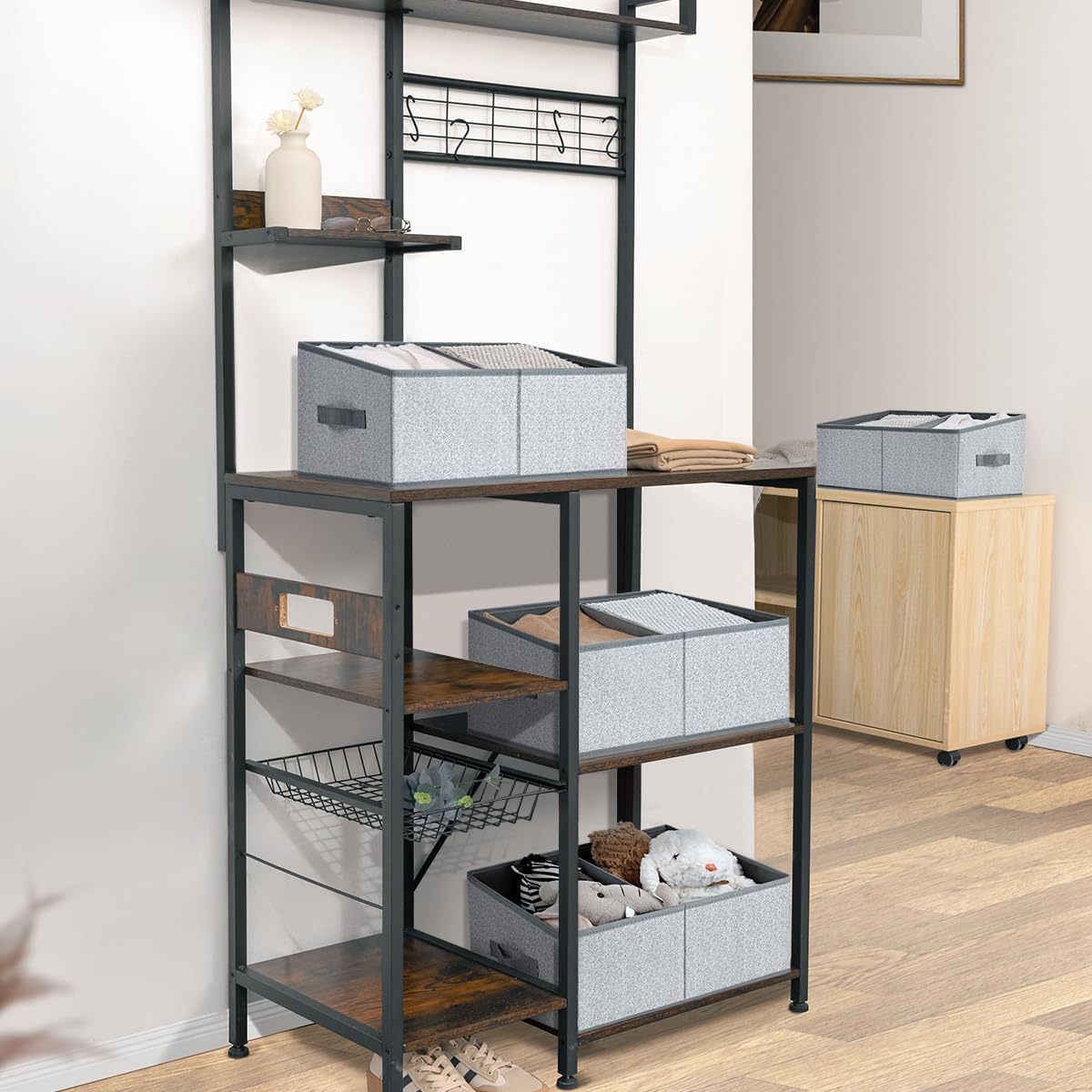 DIMJ Closet Storage Bins, 5 Pack Storage Baskets for Shelves, Foldable Closet Organizer with Handle, Linen Closet Organizers and Storage for Clothes, Toys, Towel, Books (Grey)