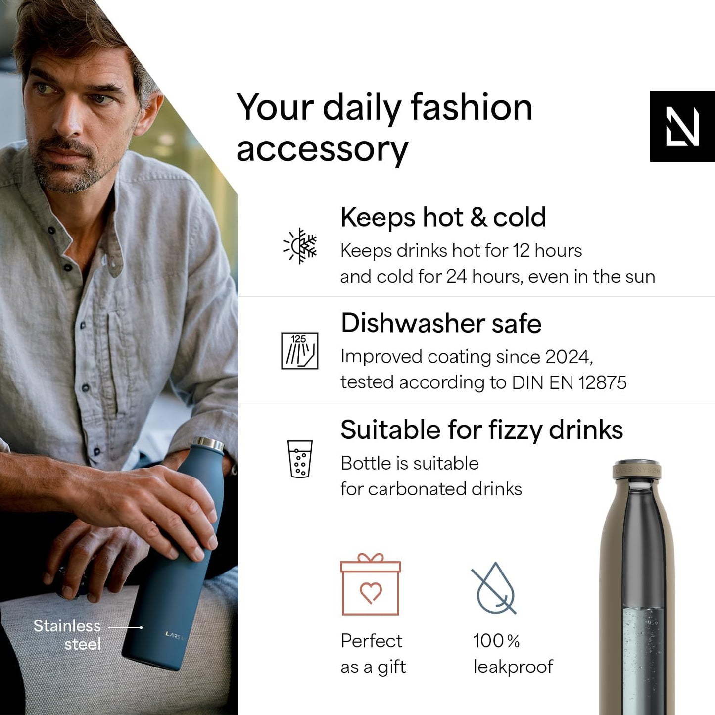 LARS NYSØM Stainless Steel Insulated Water Bottle 12oz 17oz 25oz 34oz 51oz | Insulated Thermo Flask for Hot and Cold Beverages | Leakproof Drinking Bottle (Taupe Brown, 17oz)