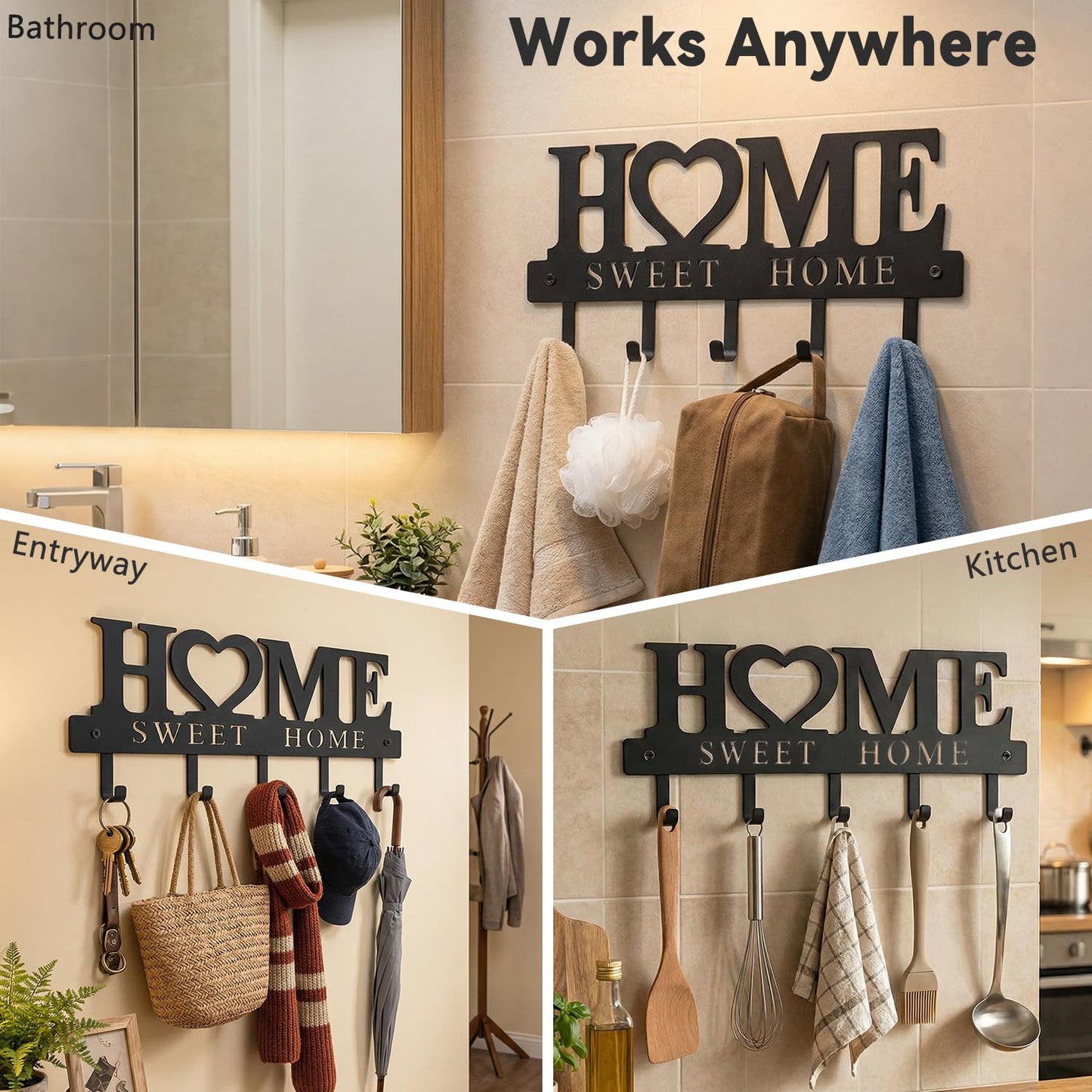 WIPHANY Entryway Wall Key Holder with 5 Hooks, Metal Key Rack Wall Mount for Keys, Bags and