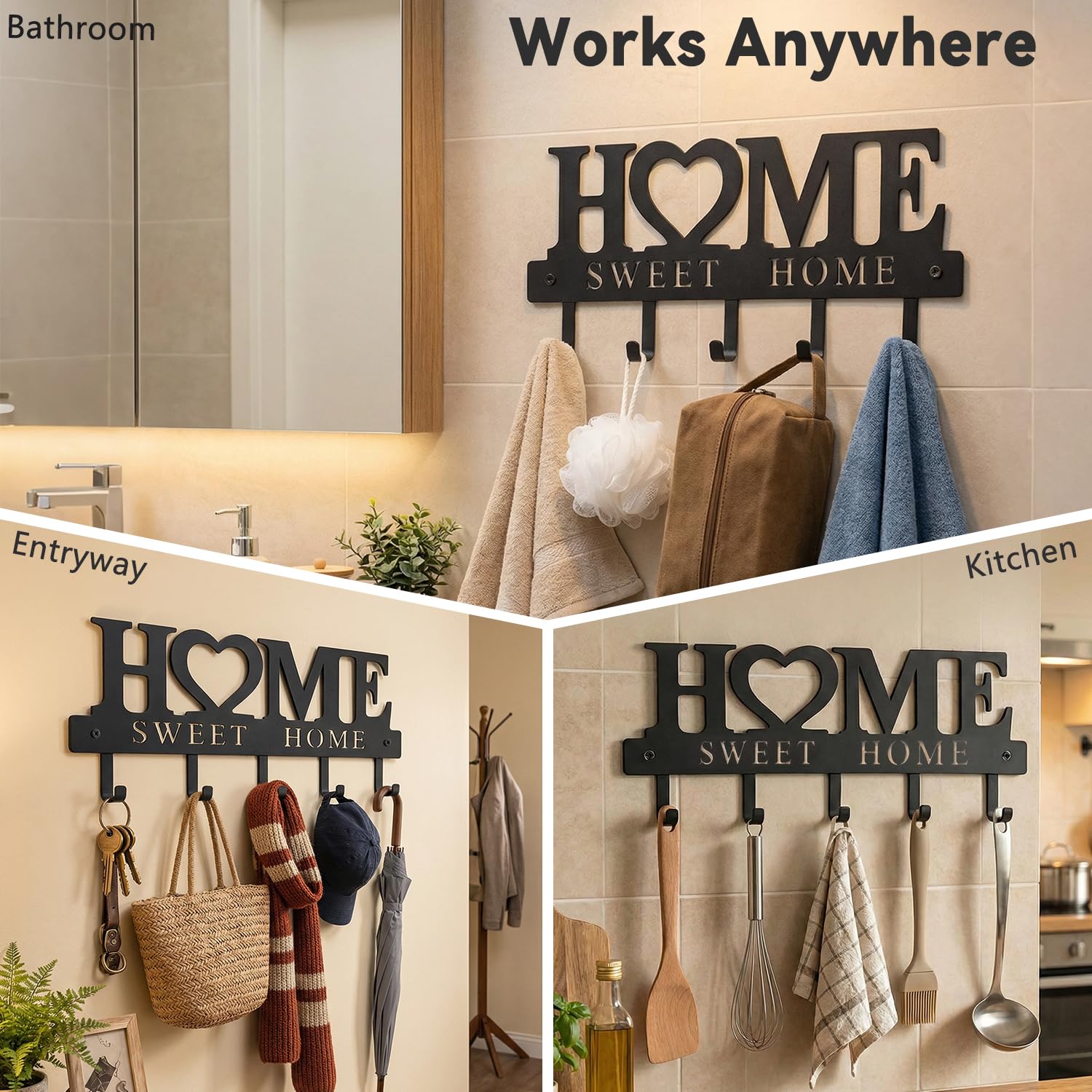 WIPHANY Entryway Wall Key Holder with 5 Hooks, Metal Key Rack Wall Mount for Keys, Bags and