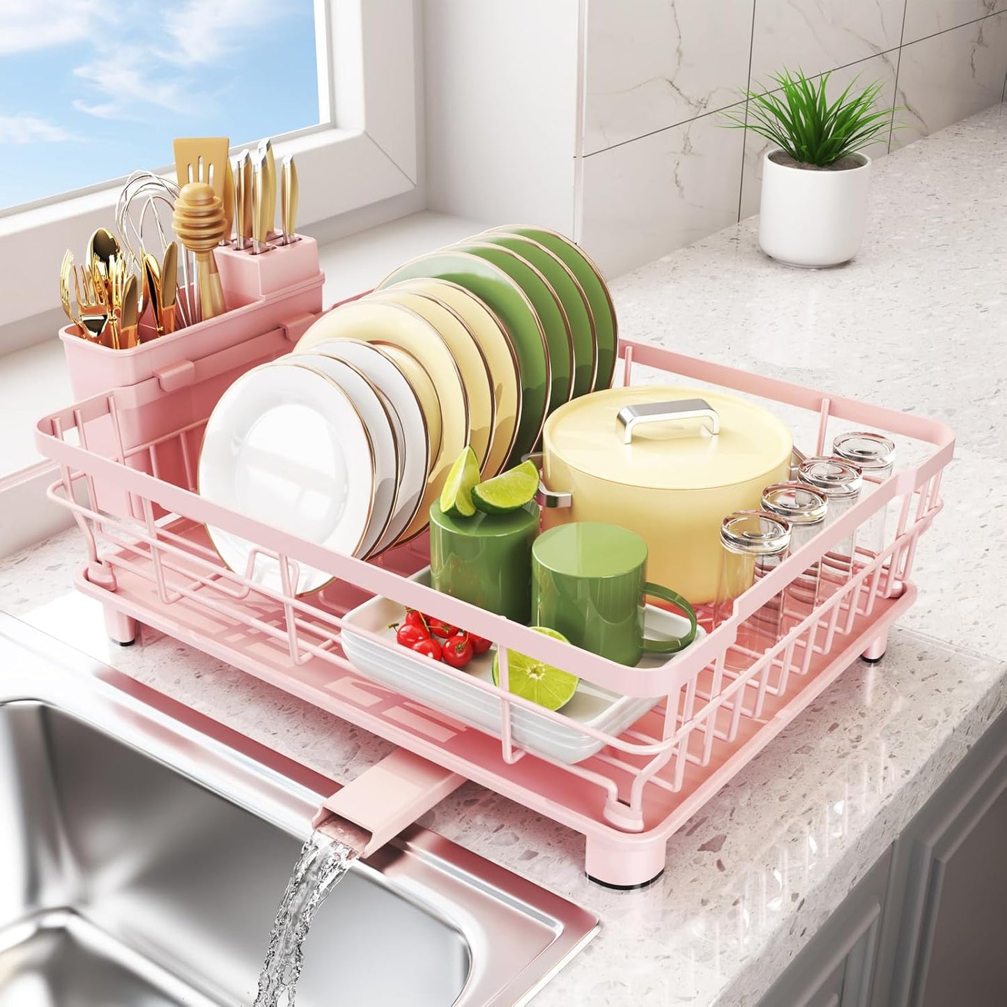 Dish Drying Rack - Space Saving Dish Rack - Dish Racks for Kitchen Counter with Drainboard,Rustproof Dish Drainer with Removable Utensil Holder,Pink
