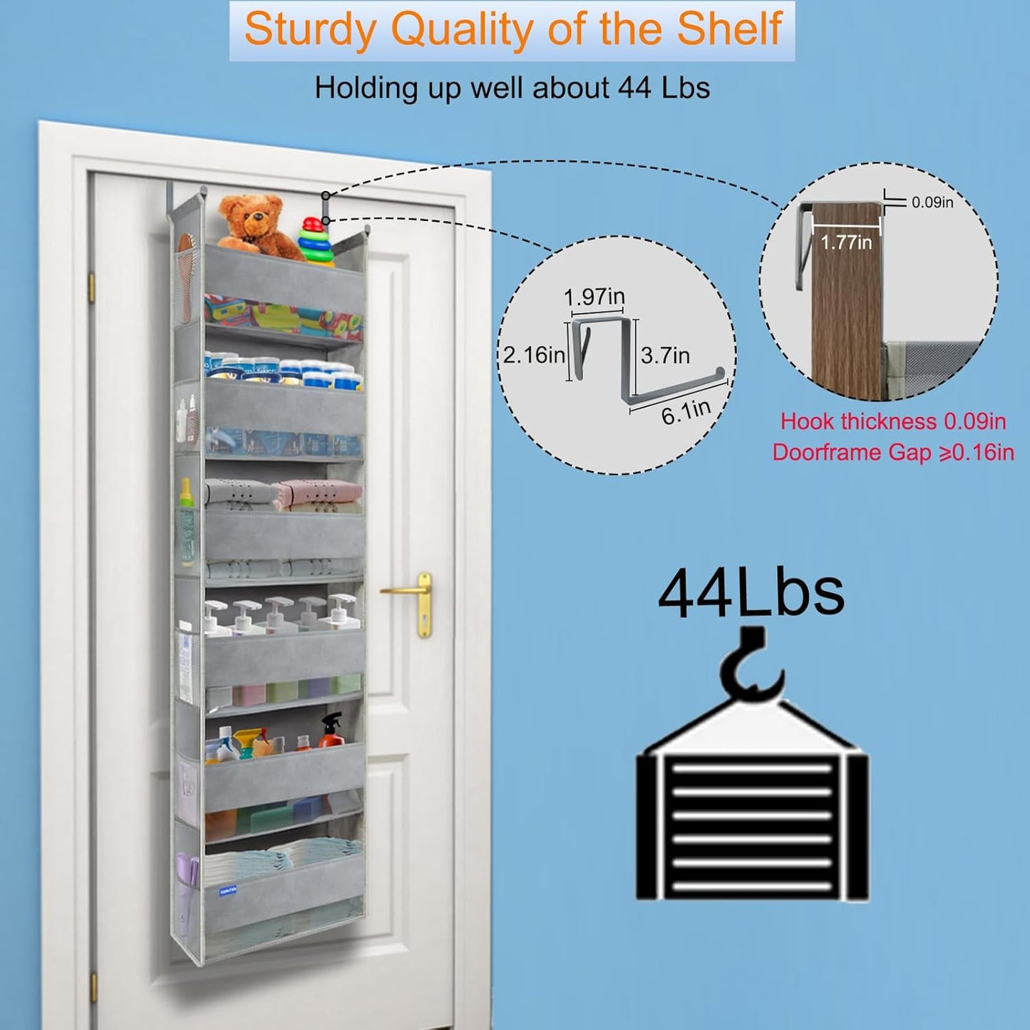 Extra Large Over The Door Organizer Storage 6-Shelves and 12 Side Pockets, Heavy Duty Hanging Door Organizer for Closet Bathroom Bedroom Nursery Pantry, Grey