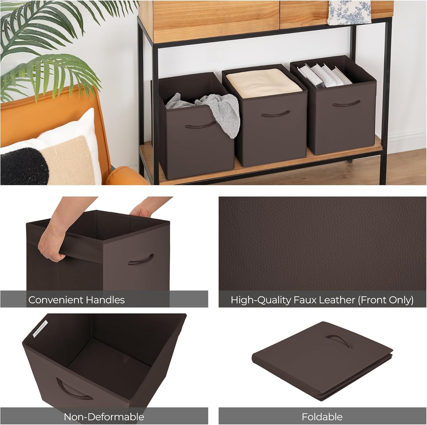 StorageWorks Brown Storage Cubes, 11 Inch Cube Storage Bins with Handle, Cube Storage Organizer Bins for Shelves and Closet, Collapsible Storage Bins, 4-Pack