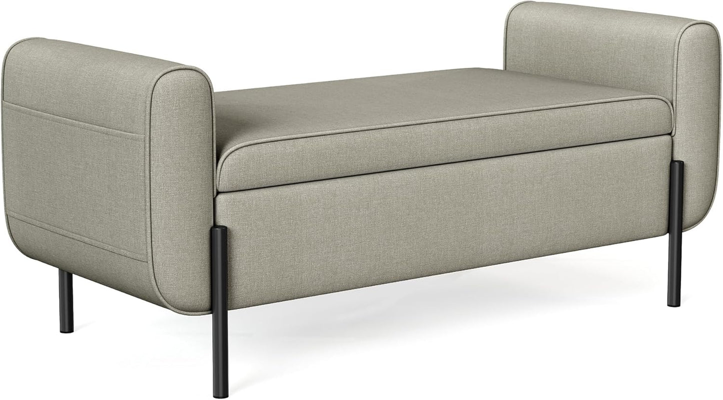 SONGMICS Storage Bench with Armrests, Ottoman with Storage for Living Room, Storage Ottoman Bench for Bedroom, Entryway, Living Room, Steel Legs, Camel Brown ULOM072K03