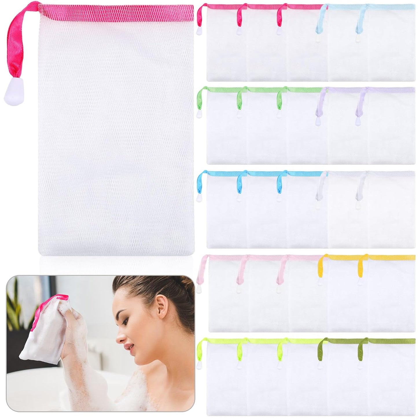 Sunnyray 25 Pcs 10 Colors Soap Bag Soft Handmade Soap Bubble Mesh Bags Exfoliating Mesh Pouch with Drawstring for Foaming and Drying for Shower Body Facial Cleaning Tool