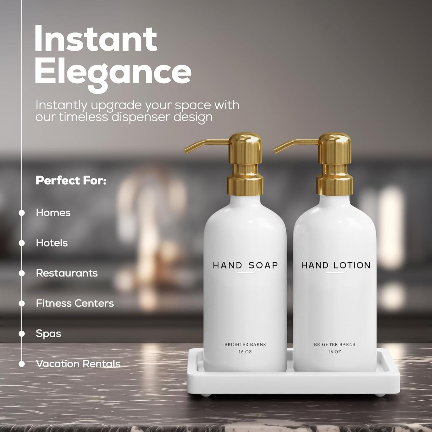 Luxury Glass Soap and Lotion Dispenser Set with Tray by Brighter Barns - Hand Soap Dispenser Bathroom Set & Stainless Steel Pump for Home or Airbnb - White and Gold Bathroom Accessories & Decor (Gold)