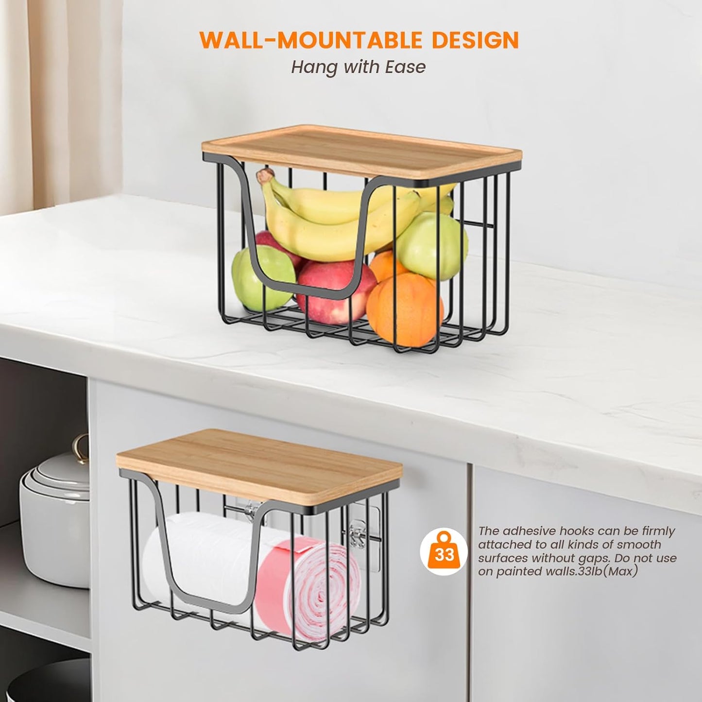 KONE Trash Bag Holder, 2 Pack Garbage Bag Dispenser, Storage Stackable Kitchen Organizer with Bamboo Top, Wall Mount Laundry Pantry Organization Black