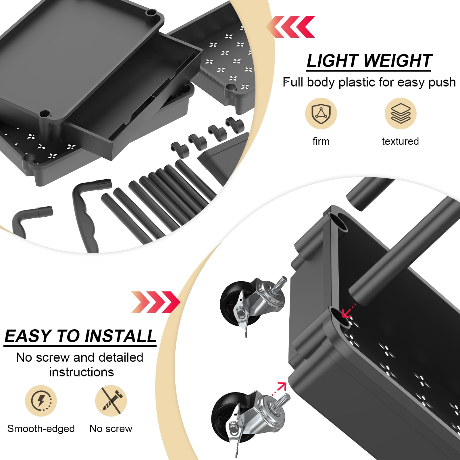 Goovilla 3 Tier Rolling Utility Cart Organizer with Removable Drawer, Black