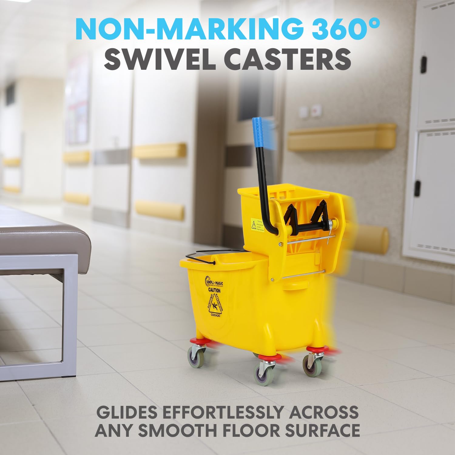 Simpli-Magic Side Press Wringer Combo Commercial Mop Bucket on Wheels, 35 Quart,Yellow, Including