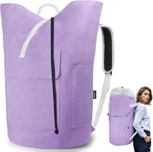 Laundry Bag Backpack, 125L Extra Large Travel with Shoulder Straps, Adjustable & Extendable Design, Laundry Hamper Bag with 3 Pockets for Laundromat, College, Travel, Camping (Purple)