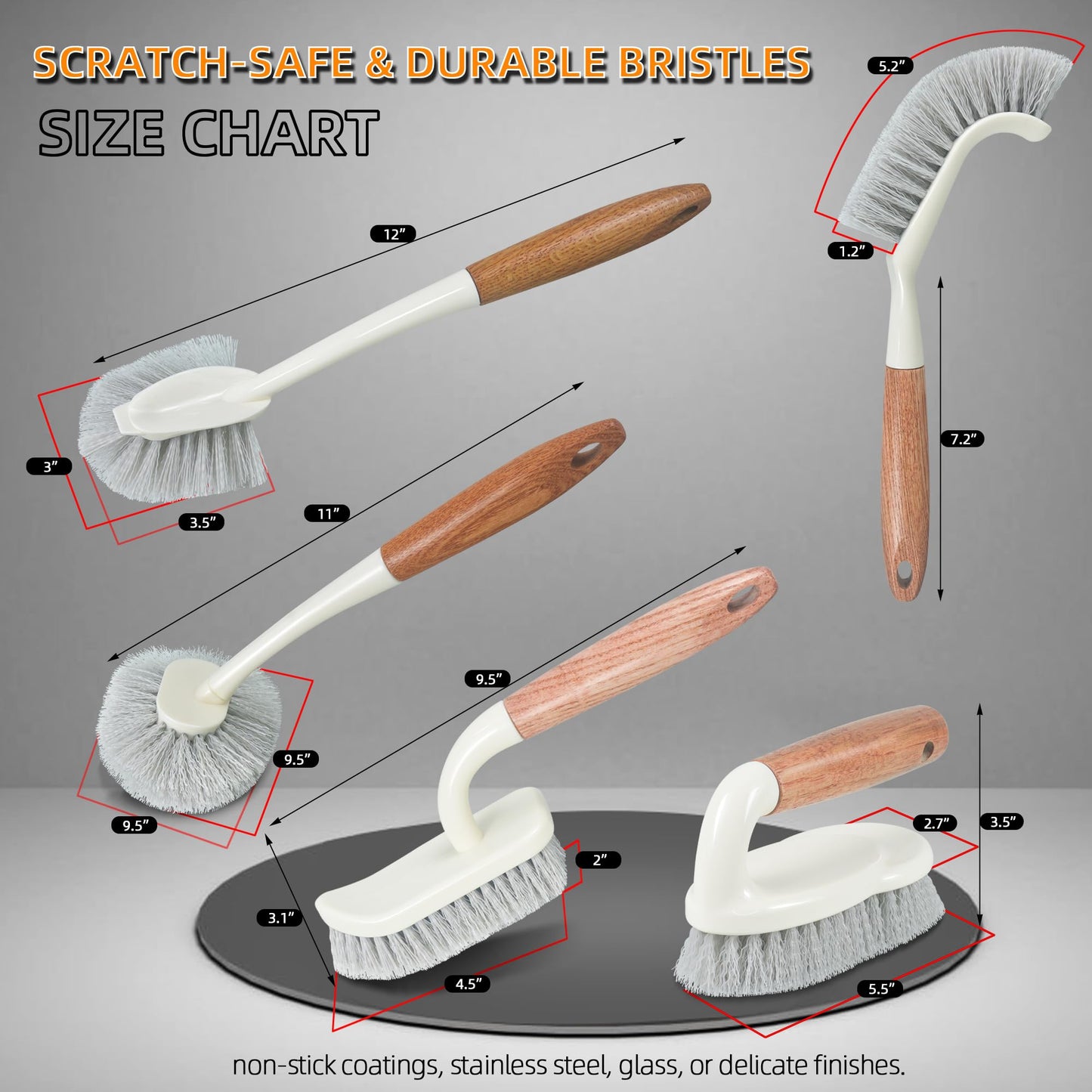 5-Pack Heavy Duty Scrub Brushes Set with Wooden Handles