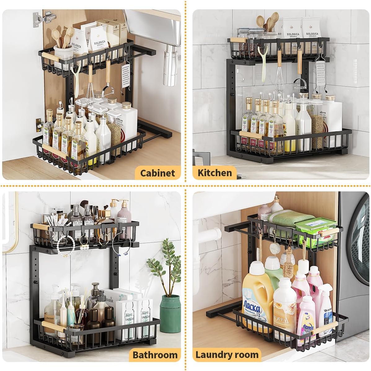 Under Sink Organizer, 2 Tier Under Sink Organizers and Storage, Metal Slide out Pull out Cabinet Organizer,Sliding Drawer Organizer for Kitchen Bathroom Pantry Closet
