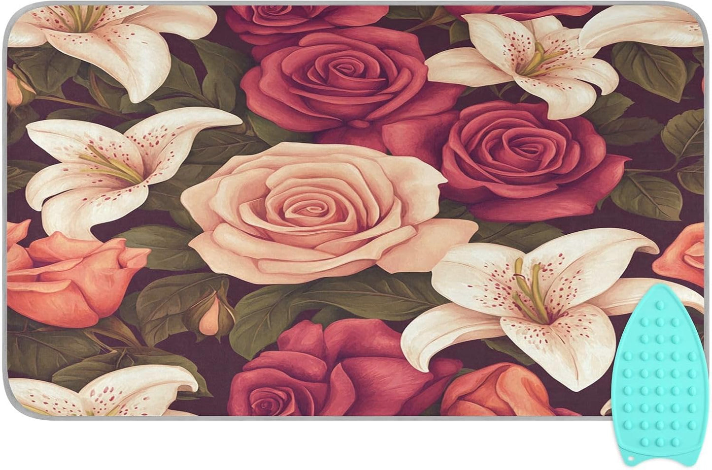 Roses and Lily Flowers Ironing Mat Thickened Ironing Blanket Travel Portable Double-Side Using Ironing Pad Travel Isolate Heat Pad Cover for Washer Dryer Table Top Countertop 27.6x47.2in