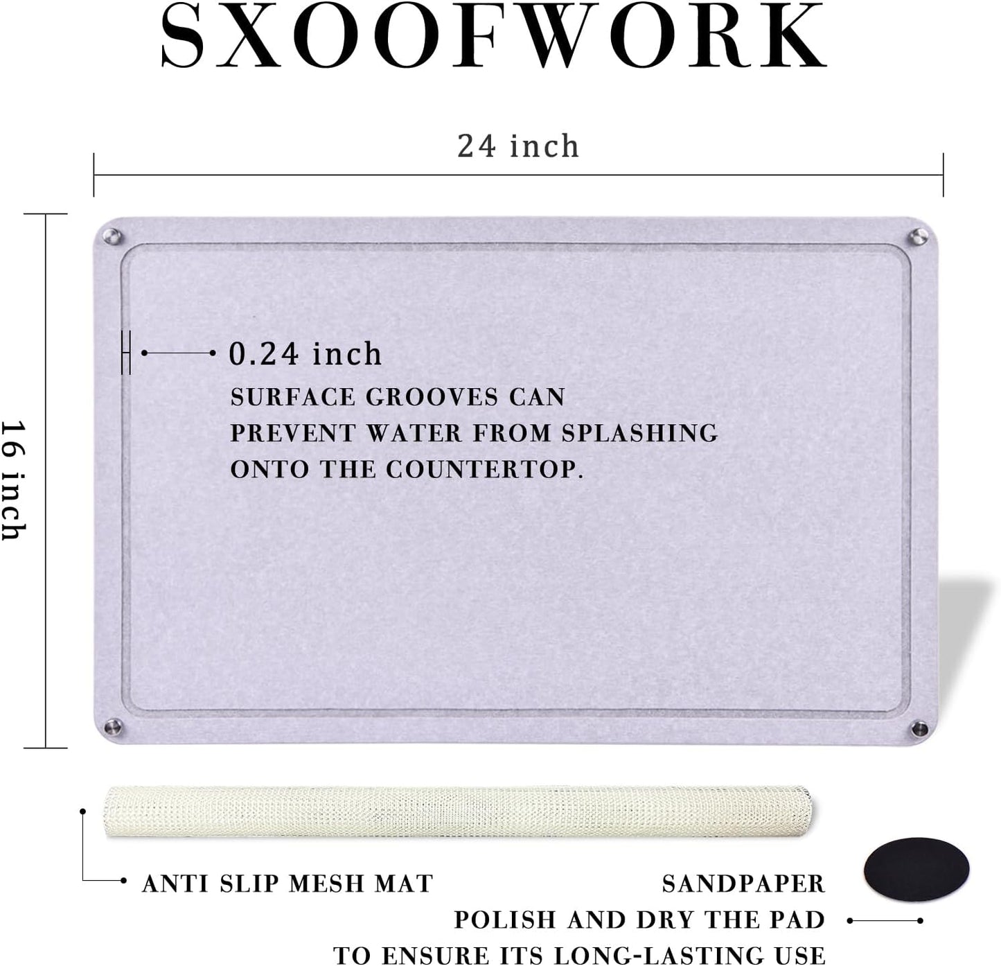 Large Diatomaceous Earth Stone Dish Drying Mats for Kitchen Counter,24"×16",Quick Drying,with 4 Non-Slip Stainless Steel Feet, Suitable for Various Countertops, Bowl Racks, Medium Gray