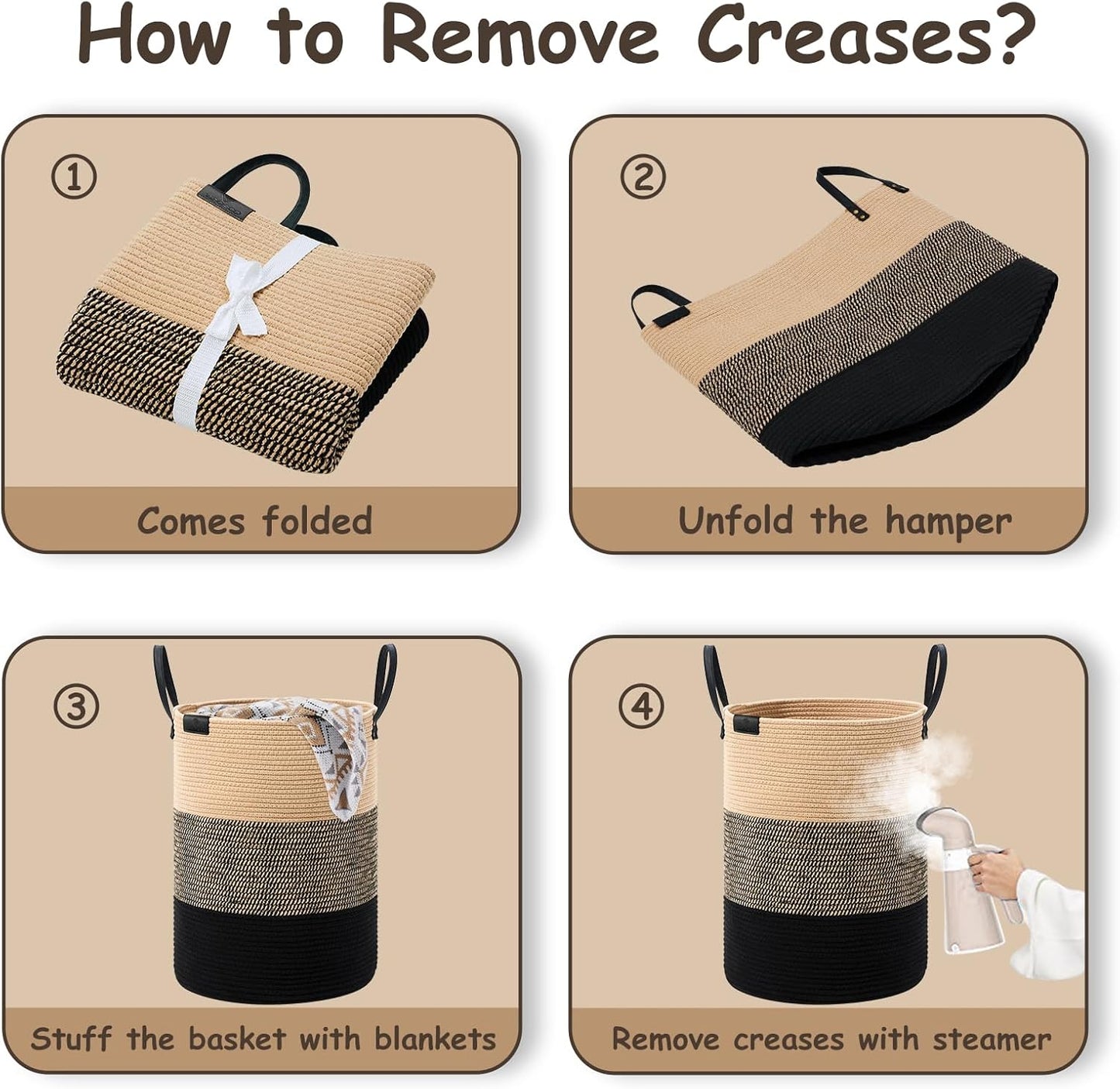 VIPOSCO Tall Laundry Basket, Large Dirty Clothes Hamper with Leather Handle, Woven Rope Storage Basket for Blanket, Toy In Living Room, Bathroom, Bedroom - 100L Brown & Black