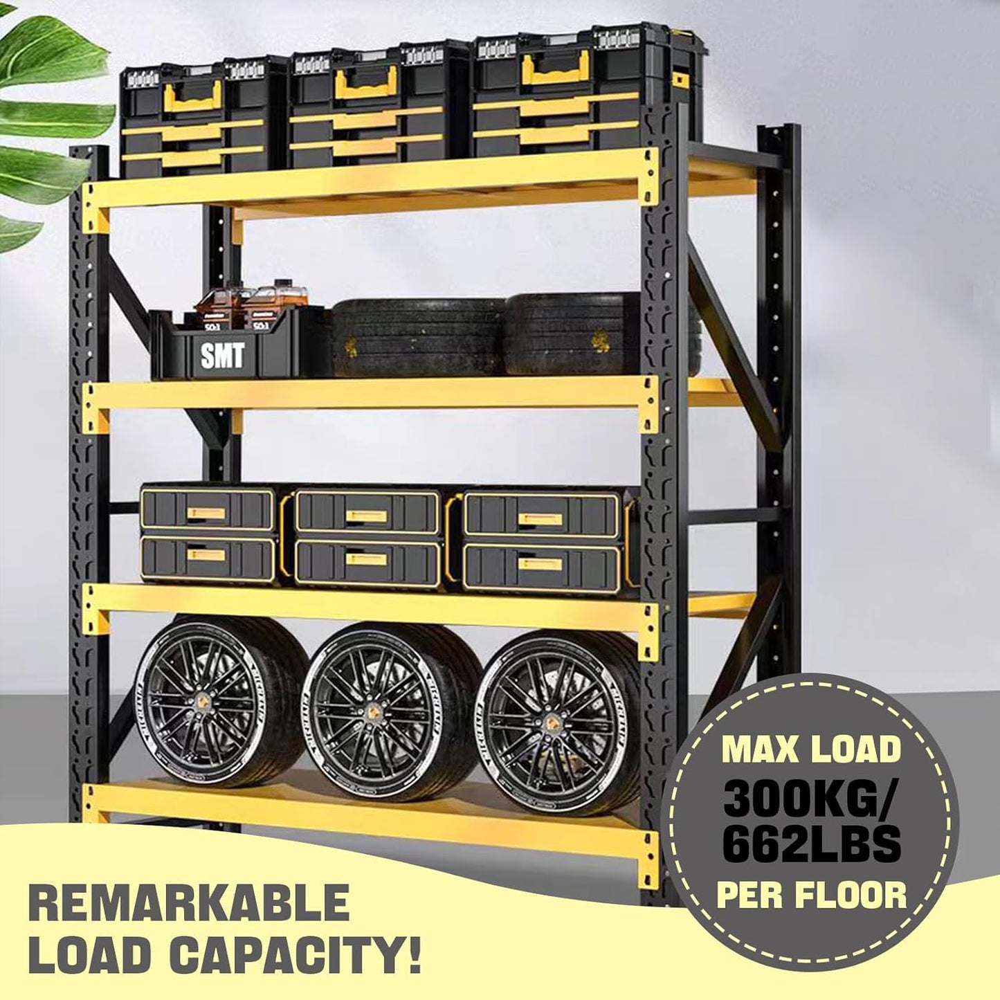 5000lbs Load Capacity,Heavy Duty 4-Tier Steel Shelving Unit, Adjustable Industrial Storage Rack for Garage Warehouse (Yellow and Black, W78.74*D23.62*H78.74)