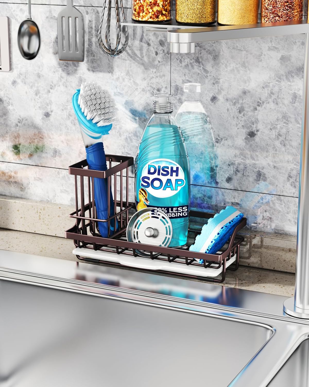 Consumest Sink Caddy Kitchen Organizer, Sponge Holder for Kitchen Sink with Removable Drip Tray for Countertop Dish Soap Holder Dispenser Brush Holder, 304 Stainless Steel - Bronze