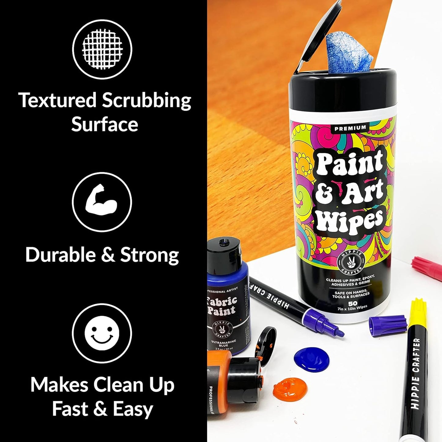 Paint and Art Wipes, Heavy-Duty Cleaner for Paint, Epoxy, Glue, Latex & Acrylic Stains, 2 Pack (50 Wipes Each), Safe for Hands, Brushes, Plastic, Metal, Wood & Floors