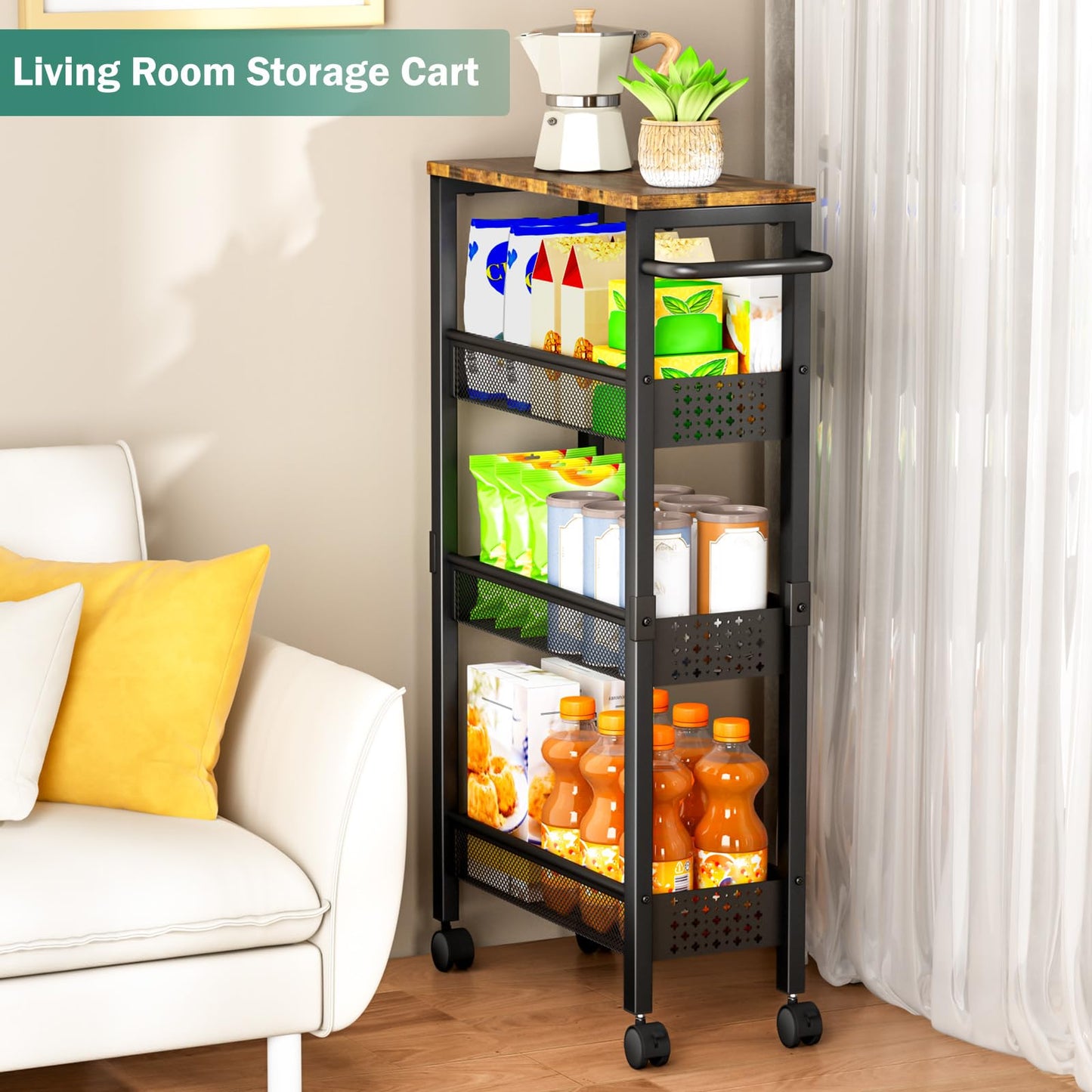 Vivihomety 4-Tier Slim Utility Rolling Laundry Cart with Wheels, Metal