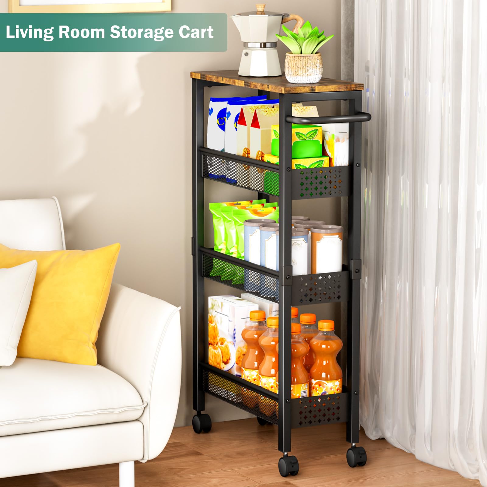 Vivihomety 4-Tier Slim Utility Rolling Laundry Cart with Wheels, Metal