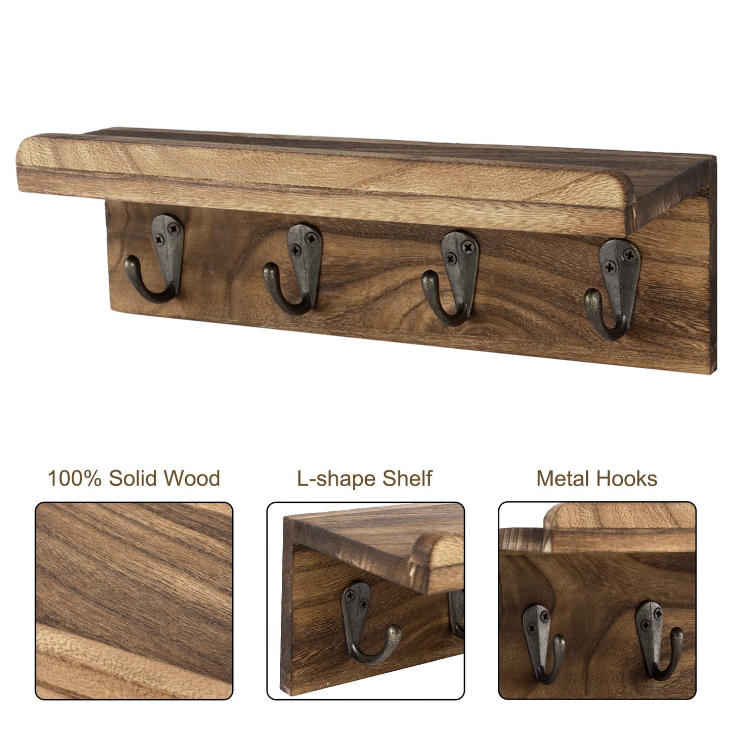 HRONRAD Rustic Key Holder for Wall, Farmhouse Wall Shelf with 4 Hooks, Wall Mounted Key Racks