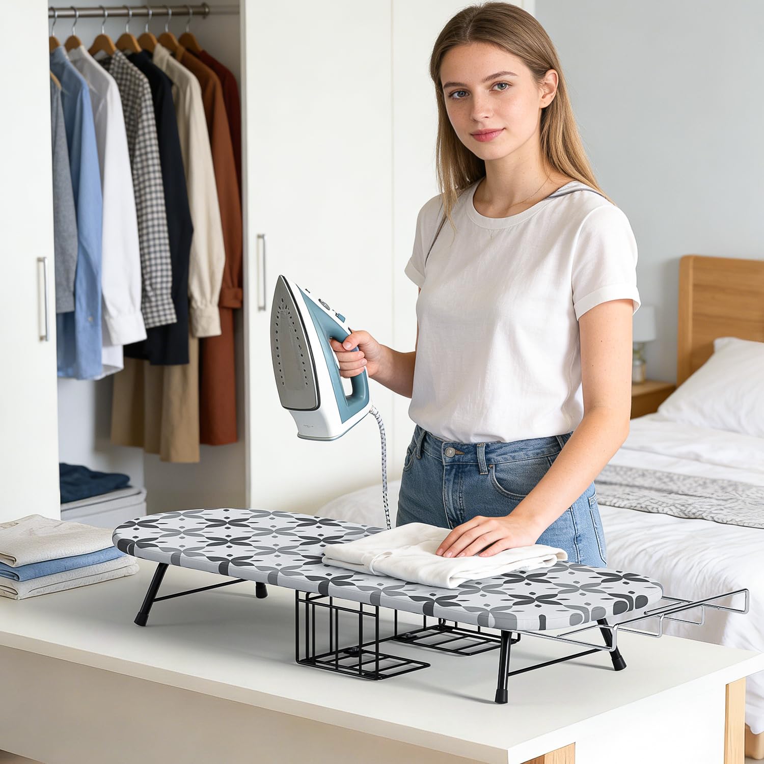 Tabletop Ironing Board with Iron Holder, Foldable Mini Small Iron Board, Iron Rest & Hanger Hook