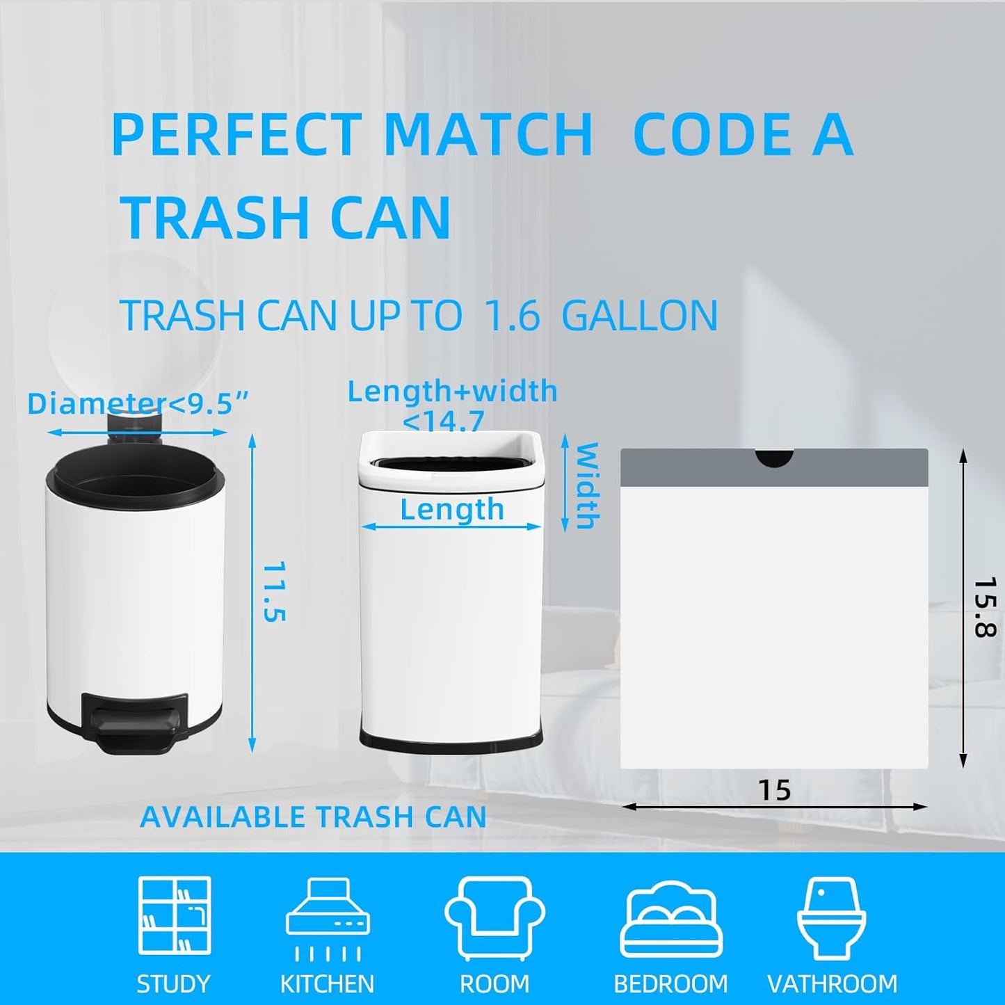 120 Counts 1.6 Gallon Mini Drawstring Trash Bags, Small Garbage Bags by KSSKSS, Code a fit 4.5-8 Liter, 1.2-2 Gal, White Trash Bin Liners for Home Office Kitchen Bathroom Bedroom