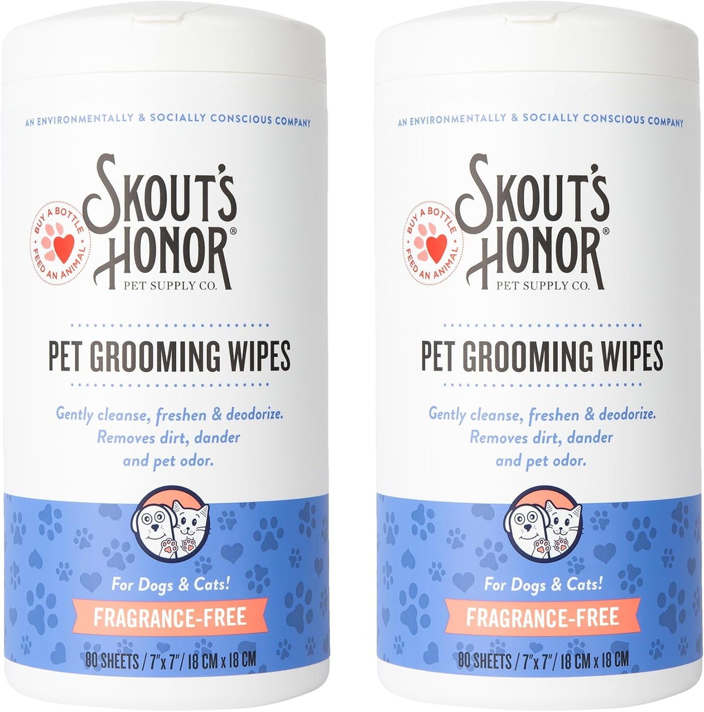 SKOUT'S HONOR Pet Grooming Wipes for Dogs and Cats - Deodorizing, Plant-Based, Biodegradable, Fragrance-Free - for Paws, Faces, Skin Folds & Bums, 80 Count, 2-Pack