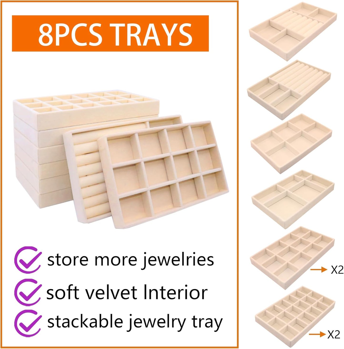 Jewelry Organizer Drawer 8 Set Jewelry Boxes Velvet Jewelry Drawer Organizer Stackable Jewelry Tray for Earring Necklace Display