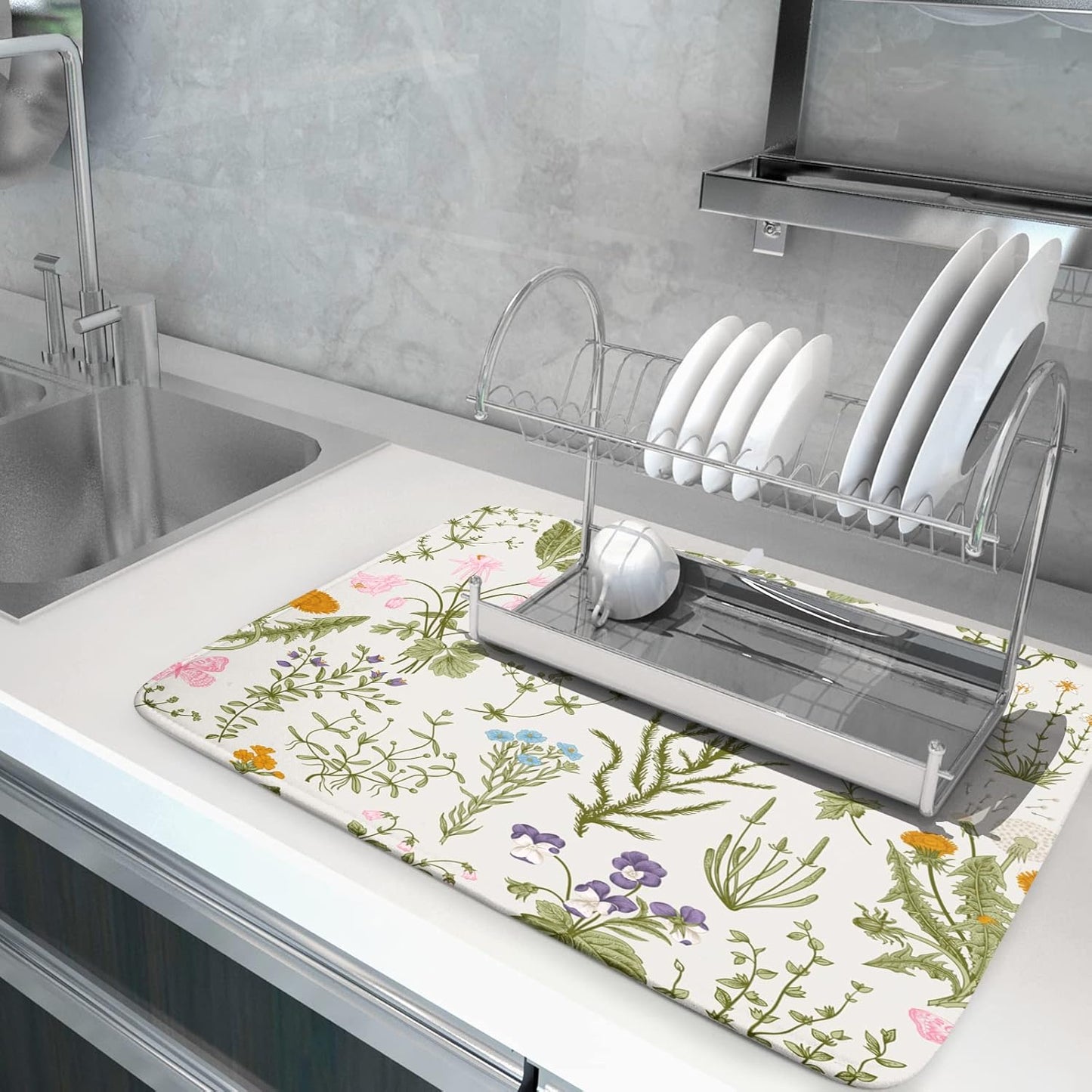Wild Flowers Herbs Dish Drying Mat for Kitchen Counter Decor 18x24 Inch Vintage Floral Absorbent Reversible Microfiber Dish Drying Pad Sage Plant Dish Drainer Rack Mats for Coffee Bar Kitchen
